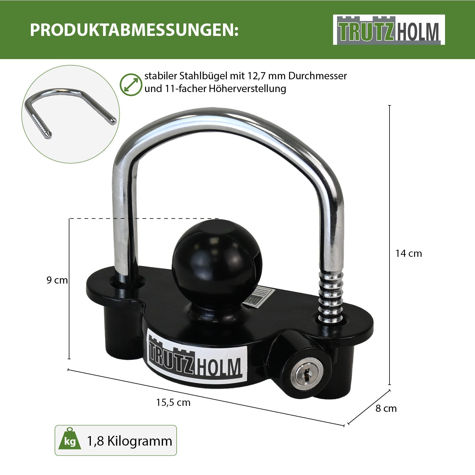 TRUTZHOLM Anhängerschloss für Anhängerkupplung 50mm inkl. 4 Schlüssel mit 12,7mm Stahlbügel, 11-fach verstellbar