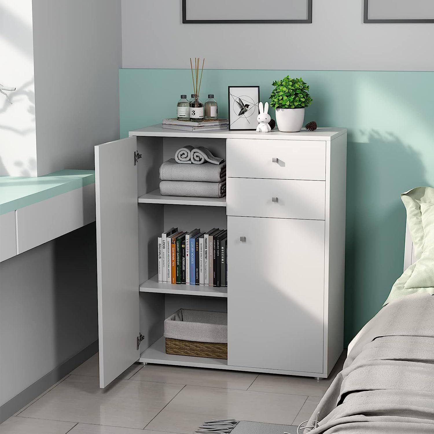 Modernes Sideboard Mit Verstellbaren Regalen - Türen Aus Rattan - MDF - Weiß