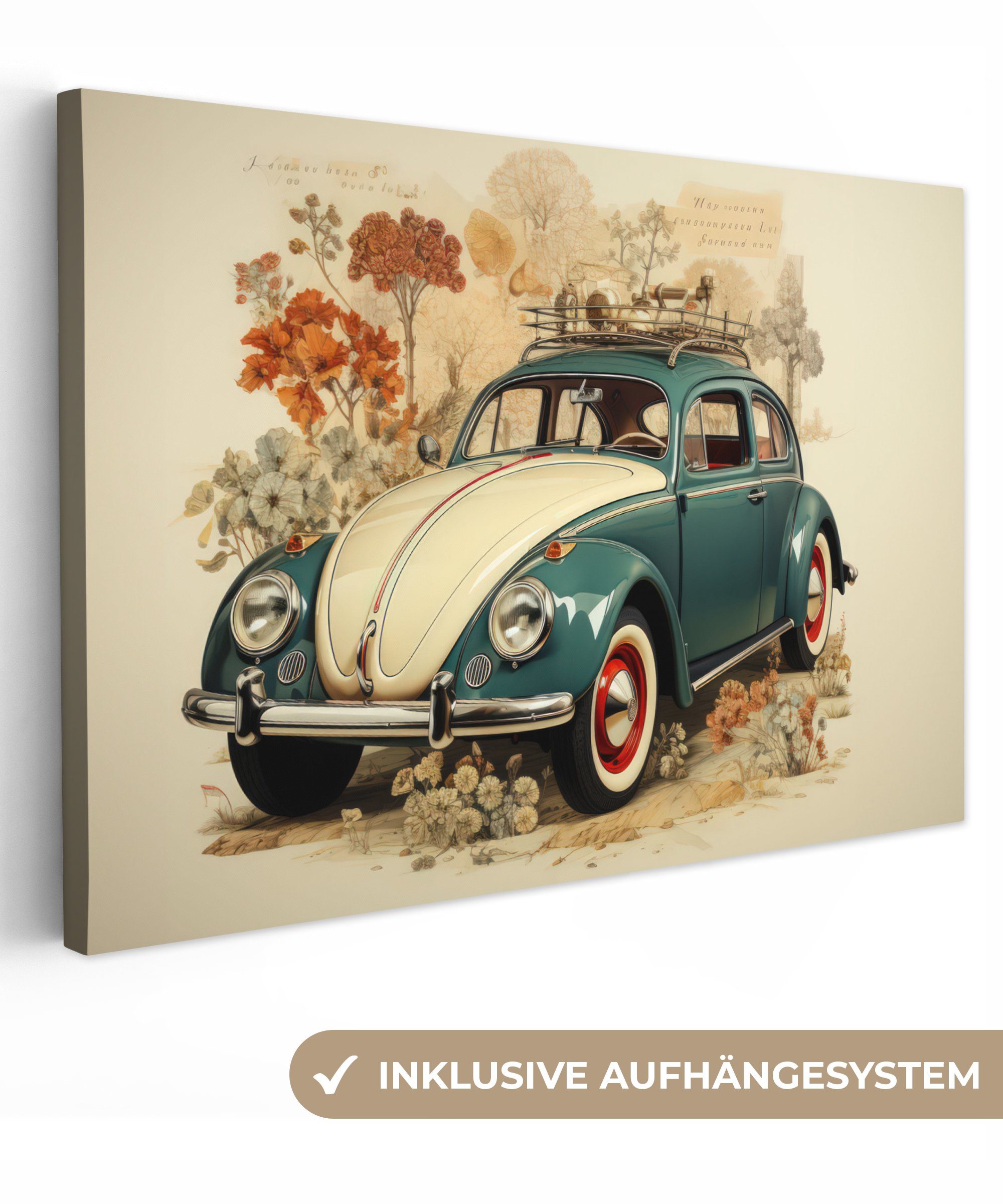 OneMillionCanvasses® Leinwandbild Oldtimer - Auto - Pflanzen - Blau - Licht günstig online kaufen