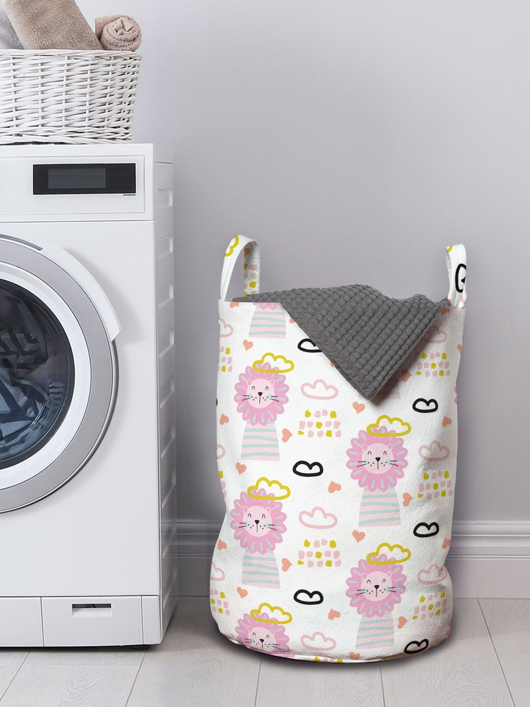 Abakuhaus Wäschesäckchen Wäschekorb Kordelzugverschluss gezeichnet für Waschsalons, Herz-Wolken Löwe mit Griffen Hand mit
