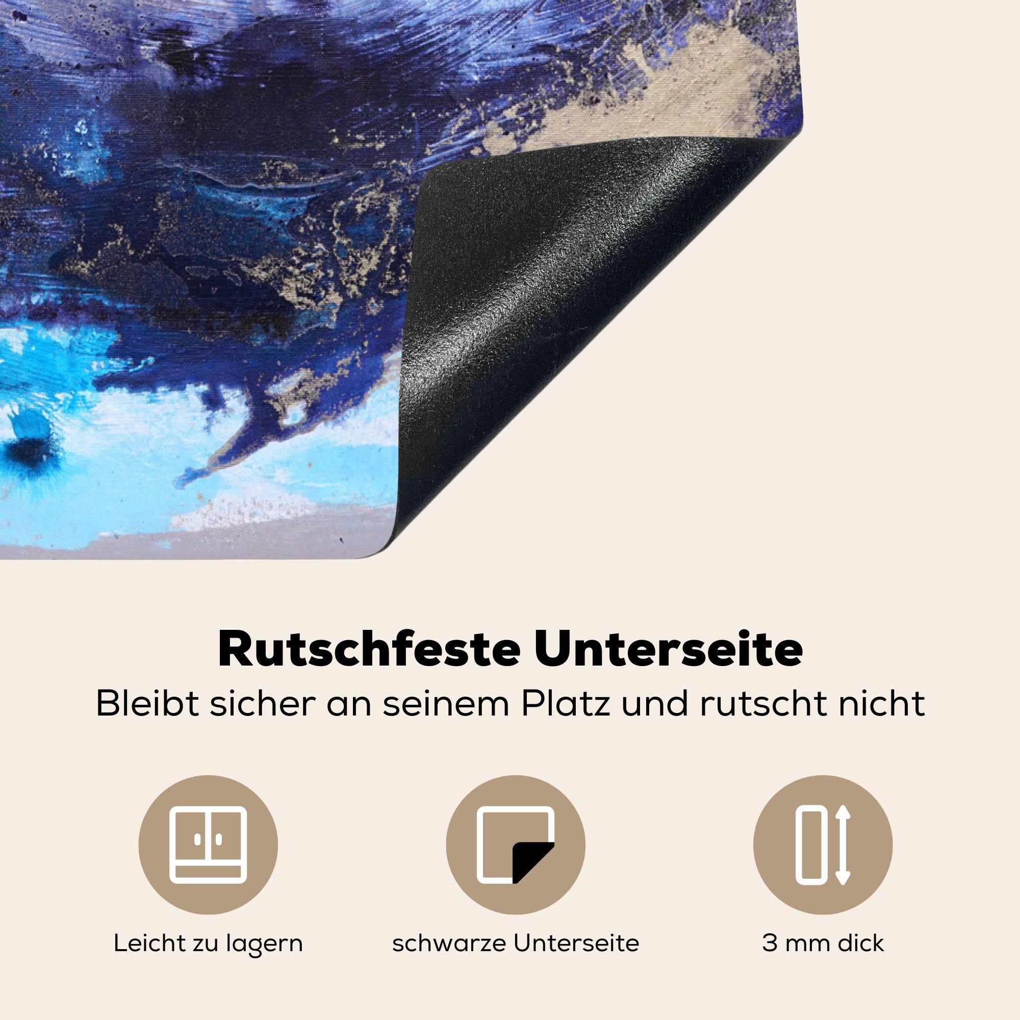 MuchoWow Herdblende-/Abdeckplatte Blau Kunst (1 Ceranfeldabdeckung - tlg), Farbe, Arbeitsfläche 60x52 Mobile cm, - Abstrakt - - Vinyl, Grau nutzbar