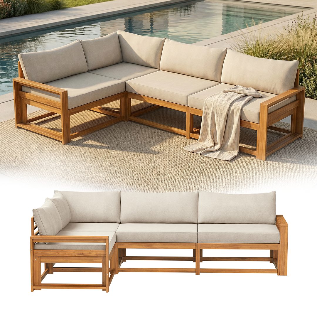 STEELSØN Gartenlounge-Set Mizaru modulares Sofa-Set aus hochwertigem Akazienholz, (Ecksofa), Outdoor Sitzgruppe inkl. Auflagen, vielfältige Stellmöglichkeiten