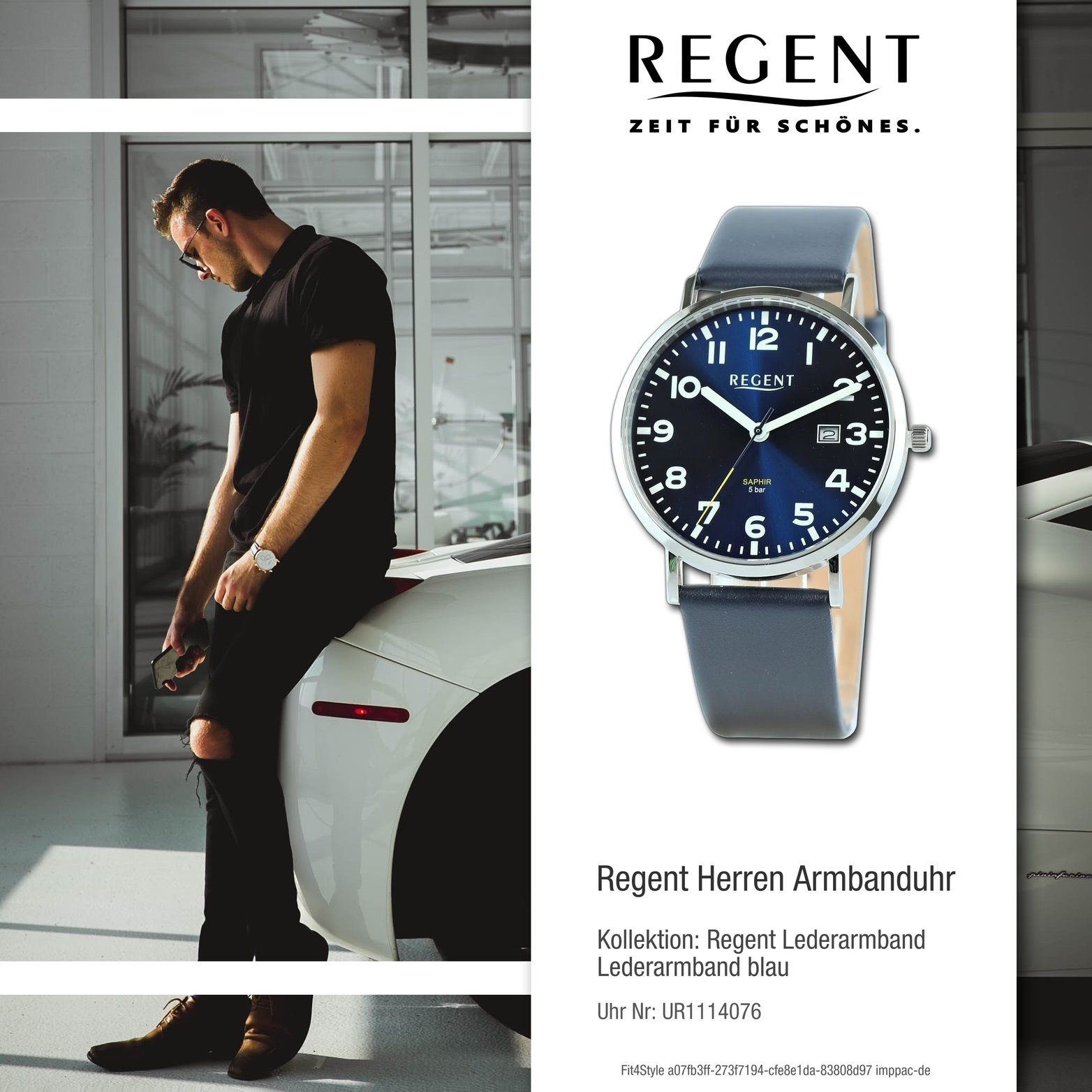 Gehäuse, Regent blau, Regent extra groß Herren 39,3mm) (ca. Analog, Quarzuhr rundes Herrenuhr Lederarmband Armbanduhr