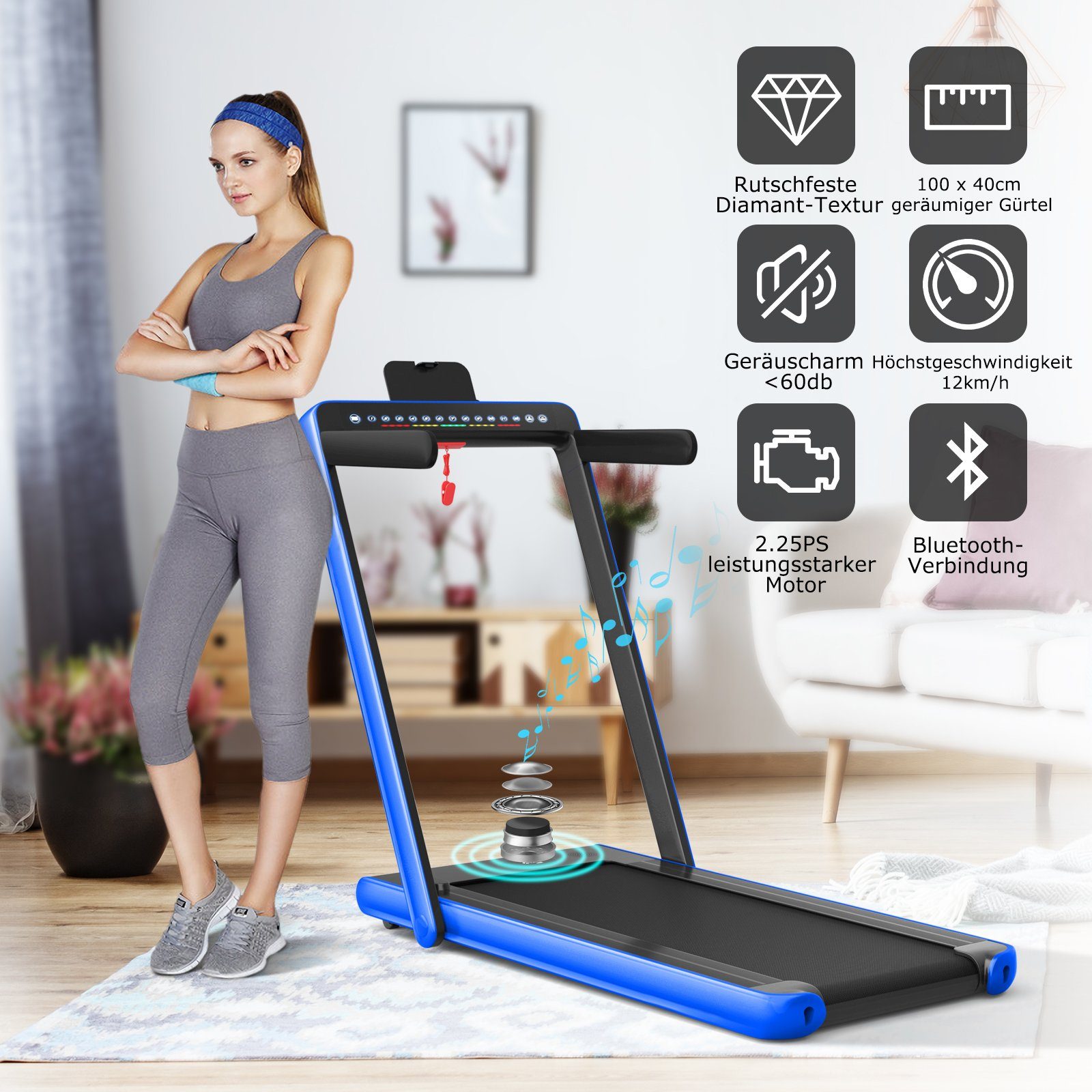 km/h blau 1 12 COSTWAY mit Heimtrainer, Laufband APP, klappbar in - LED, 1 2