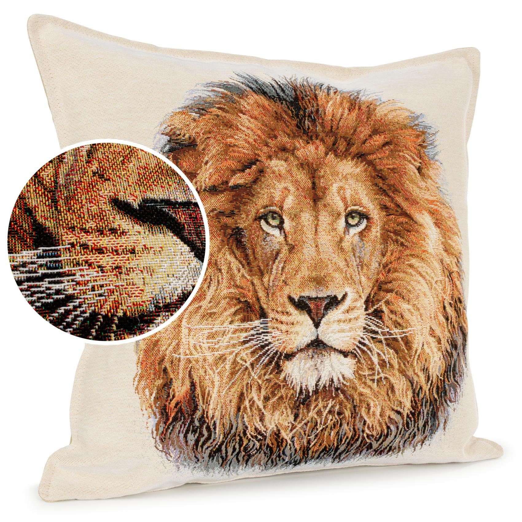 ANRO Dekokissen Royal Jacquard-Gobelin Kissen 45x45cm Dekokissen Bezug waschbar, Vintage mit Füllung mit Reißverschluss Löwe Beige