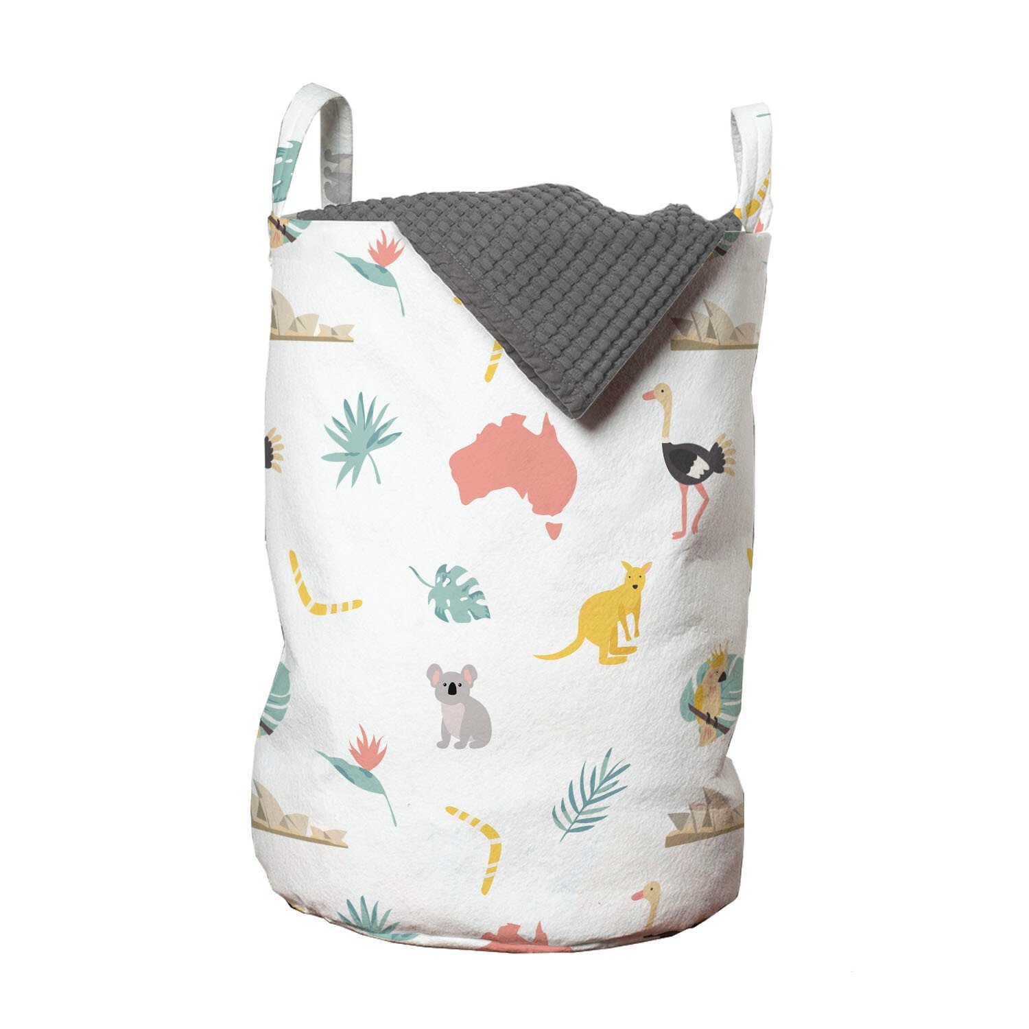 Abakuhaus Wäschesäckchen Wäschekorb mit Griffen Kordelzugverschluss für Waschsalons, australisch Tiere Karte und Laub