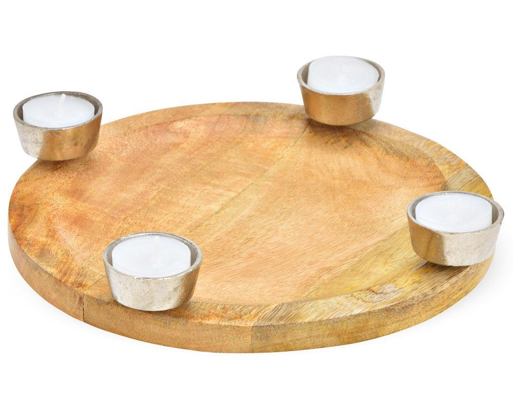 matches21 HOME & HOBBY Adventskranz Holz Deko-Schale als Teelichthalter Kerzen-Halter natur silber 20 cm, Kerzen-Teller rund als Weihnachten Advent Kerzenständer Tischdeko