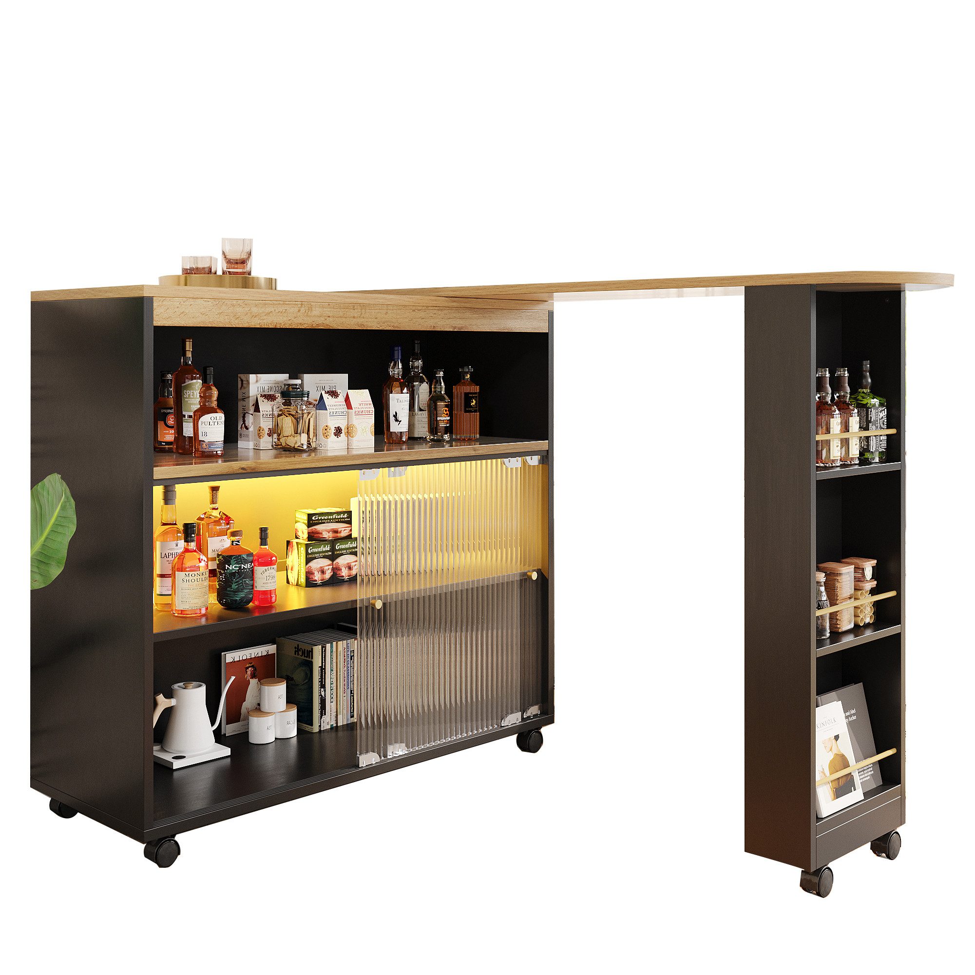 Fine Life Pro Bartisch Ausziehbarer Bartisch mit Stauraum, Moderner Beweglicher Bar Table, (Teleskopischer Bartisch mit LED, Stehtisch Bistrotisch), Hochtisch Kücheninsel Bistro Table, Großer Stauraum