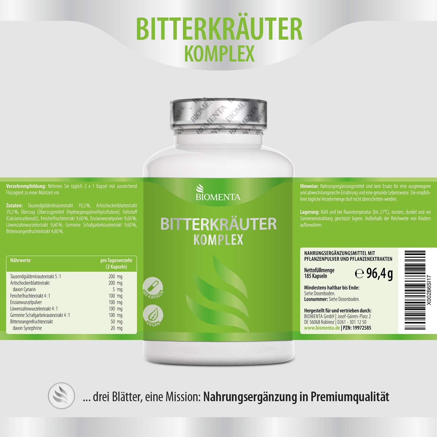 BIOMENTA Bitterkräuter Komplex - 185 hochdosierte Kapseln -ohne Alkohol+vegan Kapseln, 185 St., 96.4 g