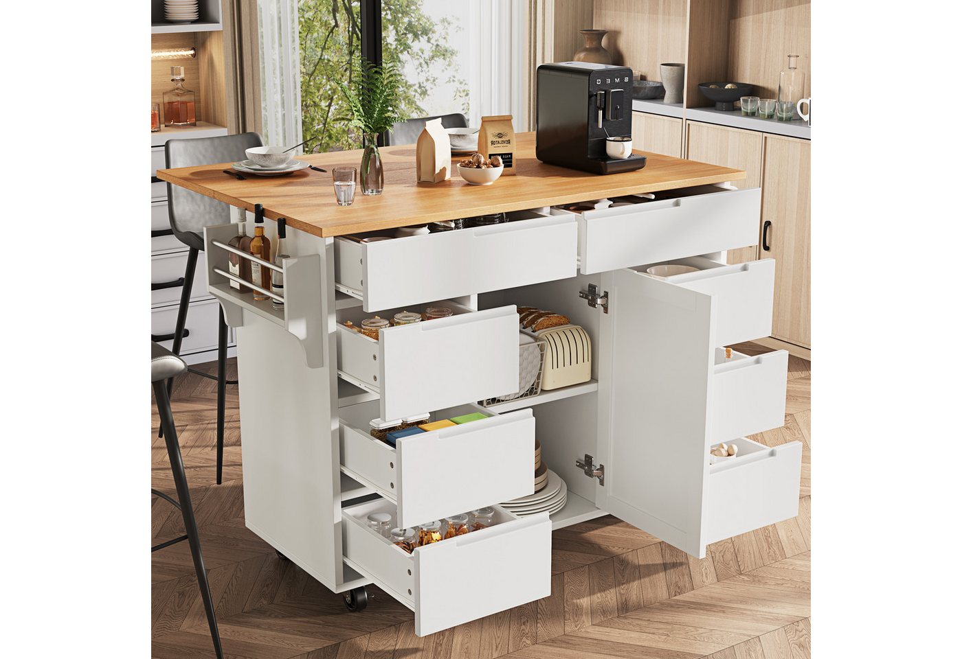 i@home Kücheninsel Moderne Kücheninsel mit Ausziehbarer Tischplatte, (mobile Küchenwagen mit 8 Schubladen, Rollen und Gewürzregal), 122x46x91.5 cm, ideal für Küche & Esszimmer