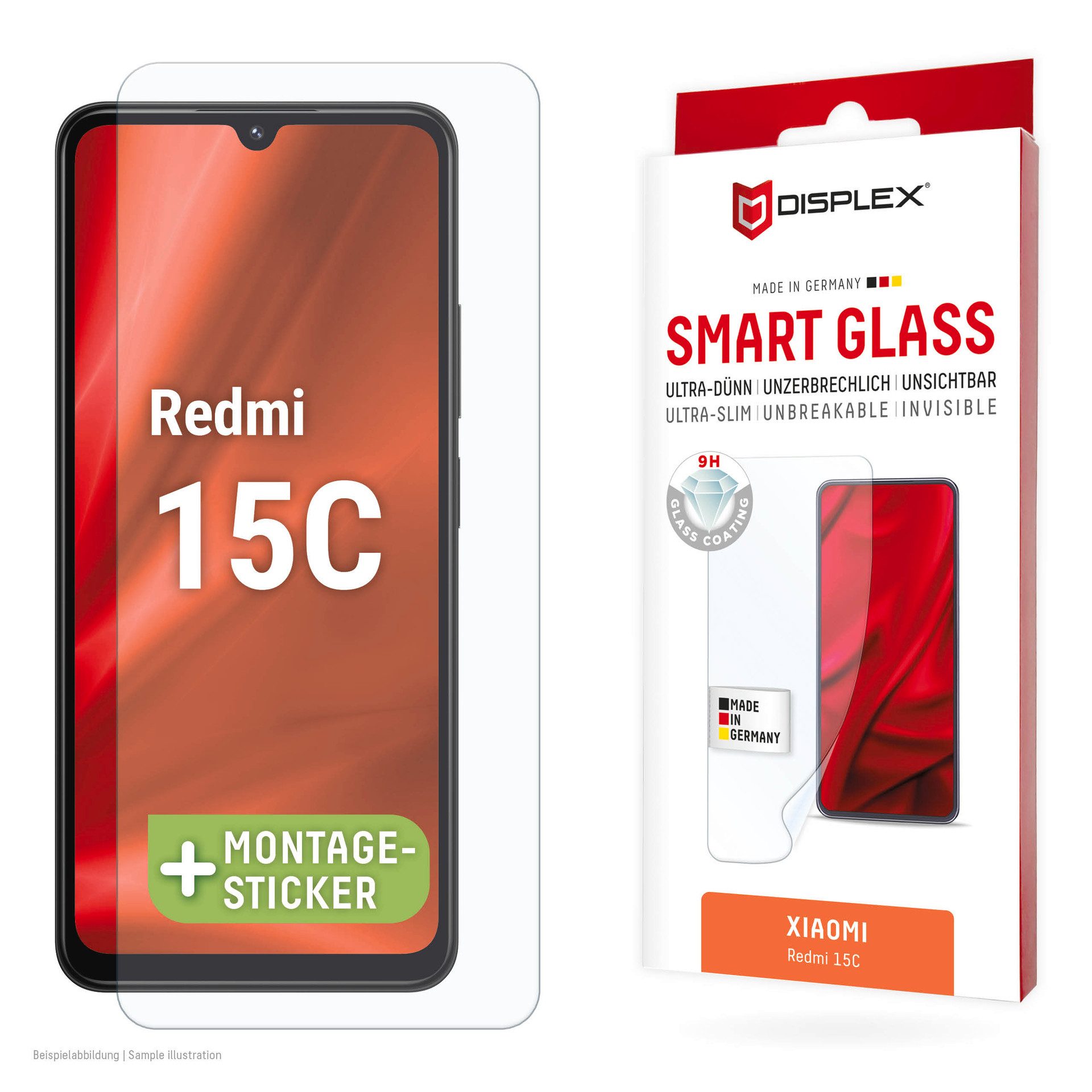 Displex Displayschutzglas Smart Glass Screen Protector für Xiaomi Redmi 15C, Displayschutzfolie, Schutzfolie, Bildschirmschutz, kratz- & stoßfest