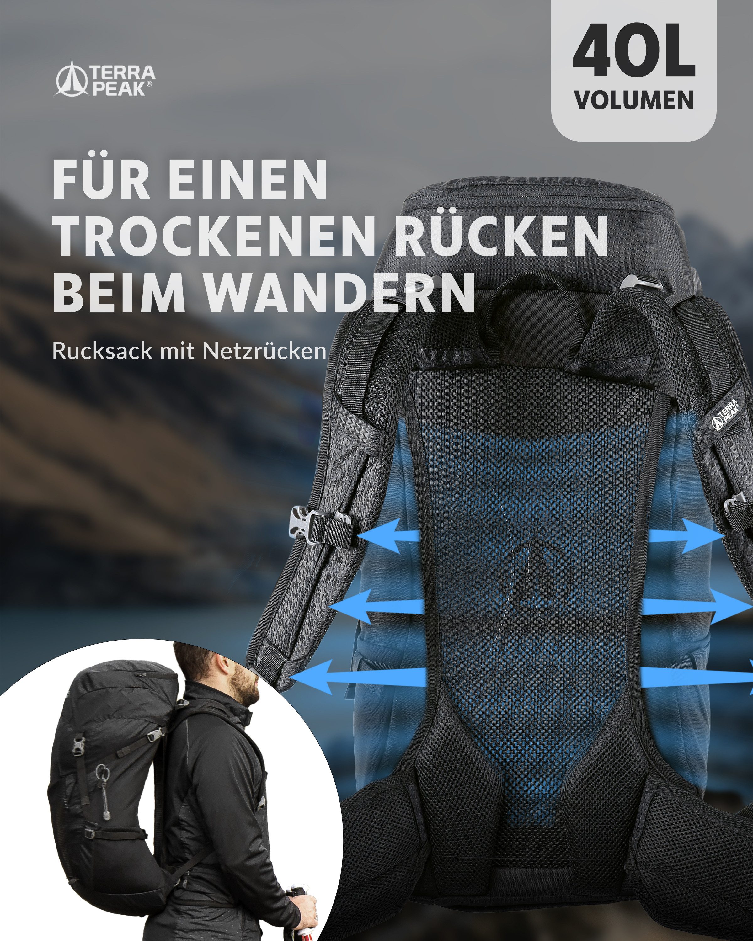 Terra Peak Wanderrucksack Airant 40, Rucksack mit belüftetem Netzrücken groß, 40 Liter
