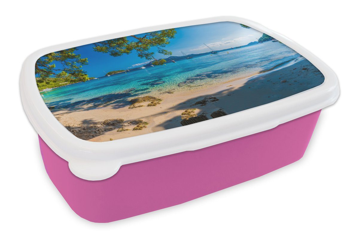MuchoWow Lunchbox Strand - Boot Meer Brotdose Mädchen, Snackbox, Kunststoff, Erwachsene, Kinder, Kunststoff - rosa Brotbox (2-tlg), - Mallorca, für