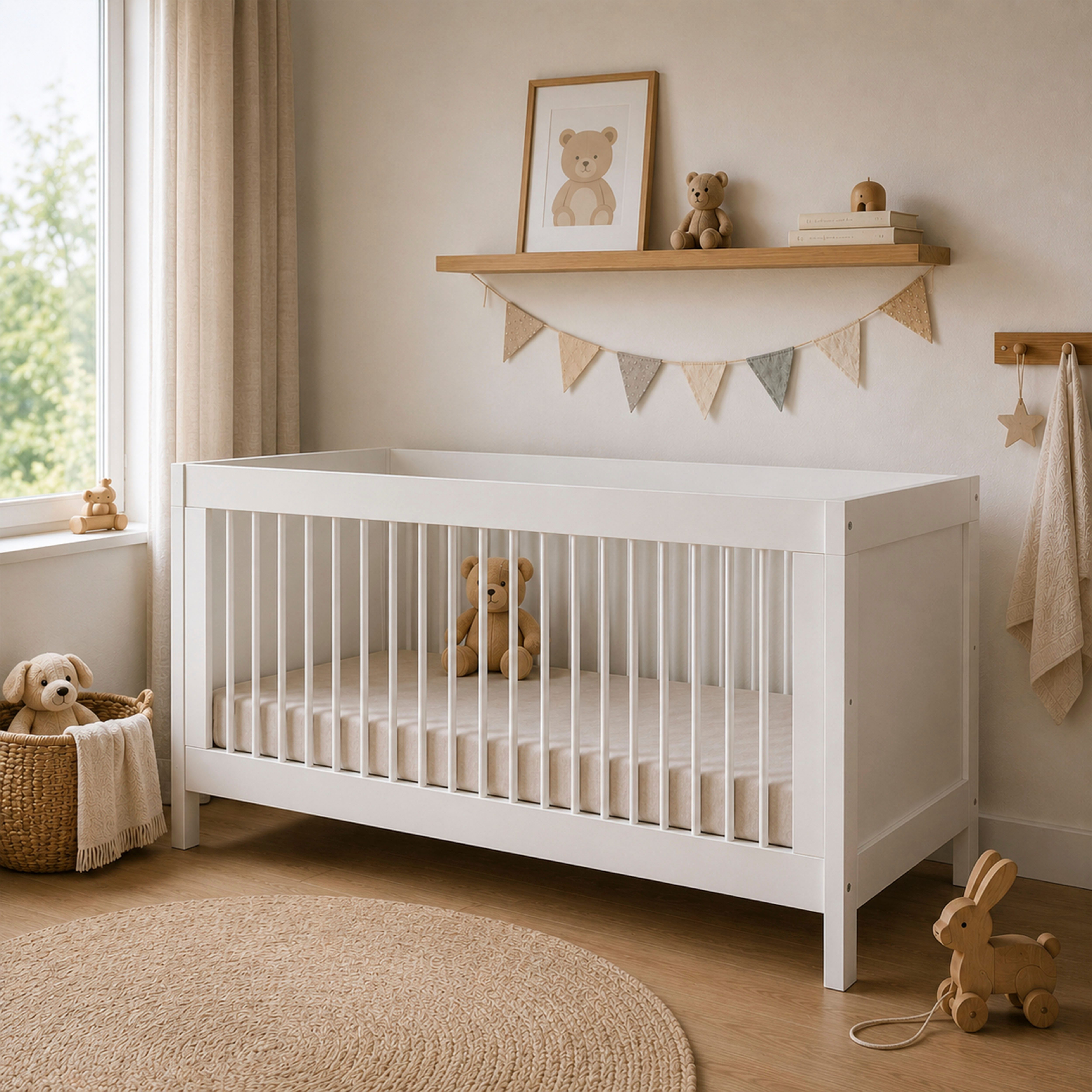 Inter Link Babybett Pinora, 70x140 cm, Teilmassiv Fichte, 3 herausnehmbare Schlupfsprossen, 1-tlg., Inkl. höhenverstellbarem Lattenrost, mit Rausfallschutz umbaubar