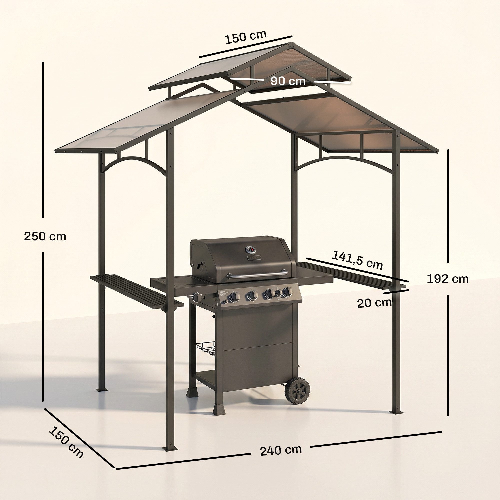 Outsunny Grillpavillon mit Flammschutzdach, mit 4 Seitenteilen, (BBQ-Pavillon, Grillpavillon), für Garten, Balkon, Schwarz+Braun