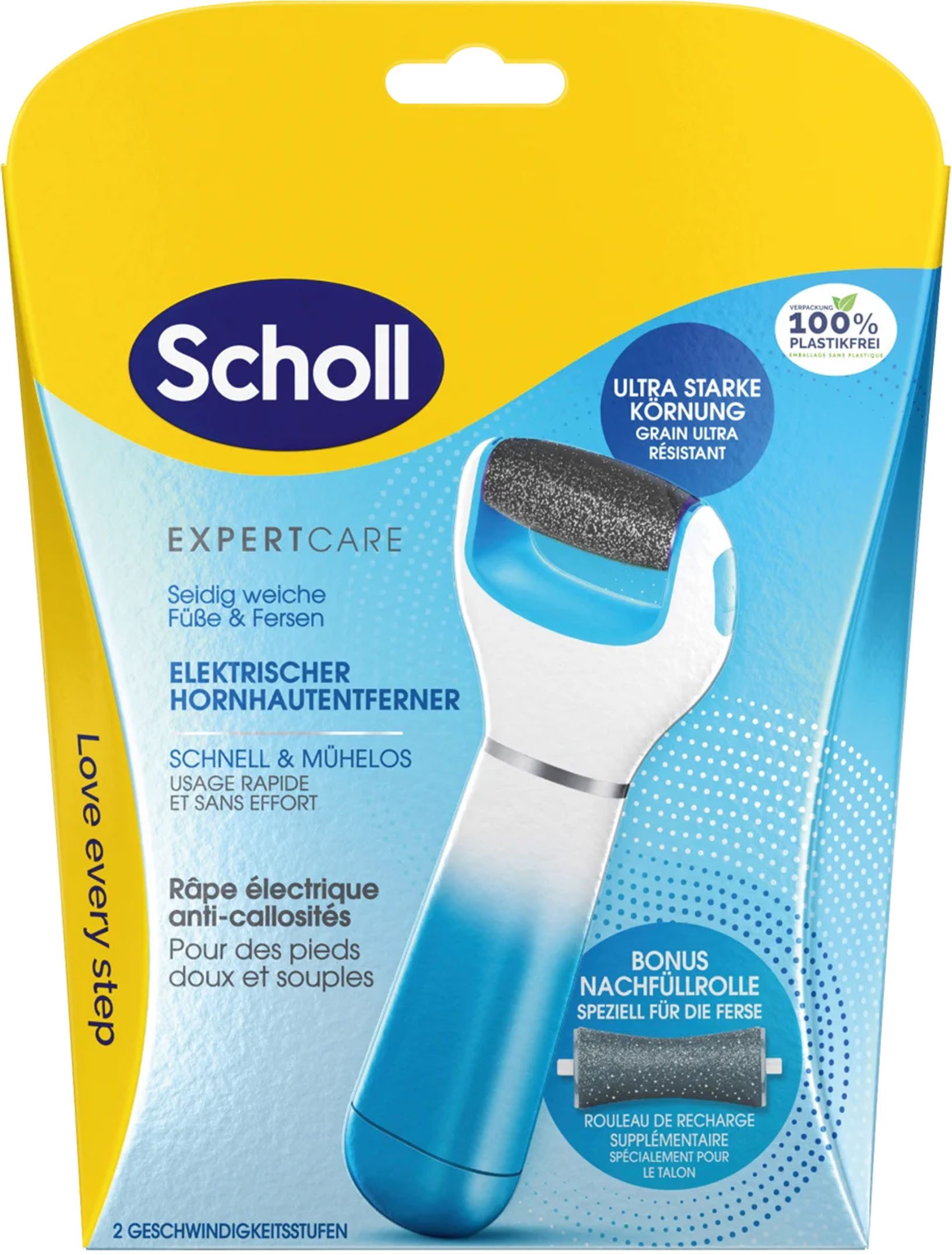 Scholl Elektrischer Hornhautentferner Expert Care, Hornhaut Entfernung für seidig weiche Füße, Packung, mit Meeresmineralien Rolle für präzise Ergebnisse