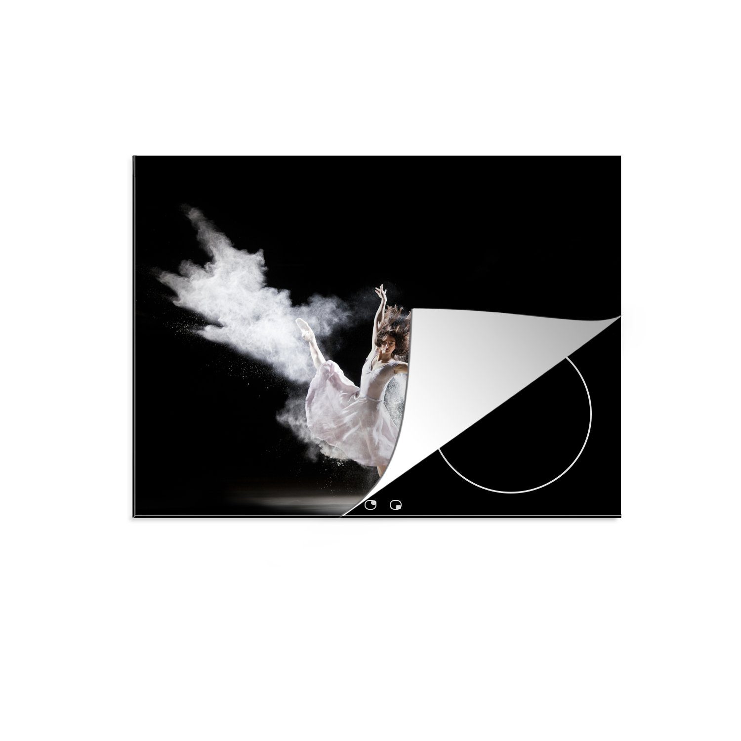 MuchoWow Herdblende-/Abdeckplatte Ballerina auf schwarzem Hintergrund, Vinyl, (1 tlg), 60x52 cm, Mobile Arbeitsfläche nutzbar, Ceranfeldabdeckung