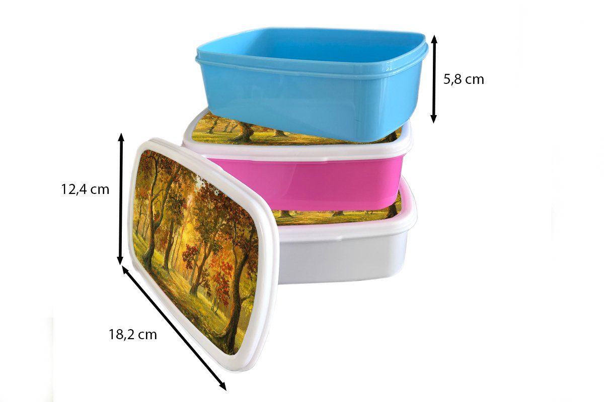 MuchoWow Lunchbox Eine Brotbox und (2-tlg), eines Brotdose, für in Mädchen Kinder Erwachsene, Jungs Waldes Kunststoff, für weiß und Illustration Herbstsonne, der