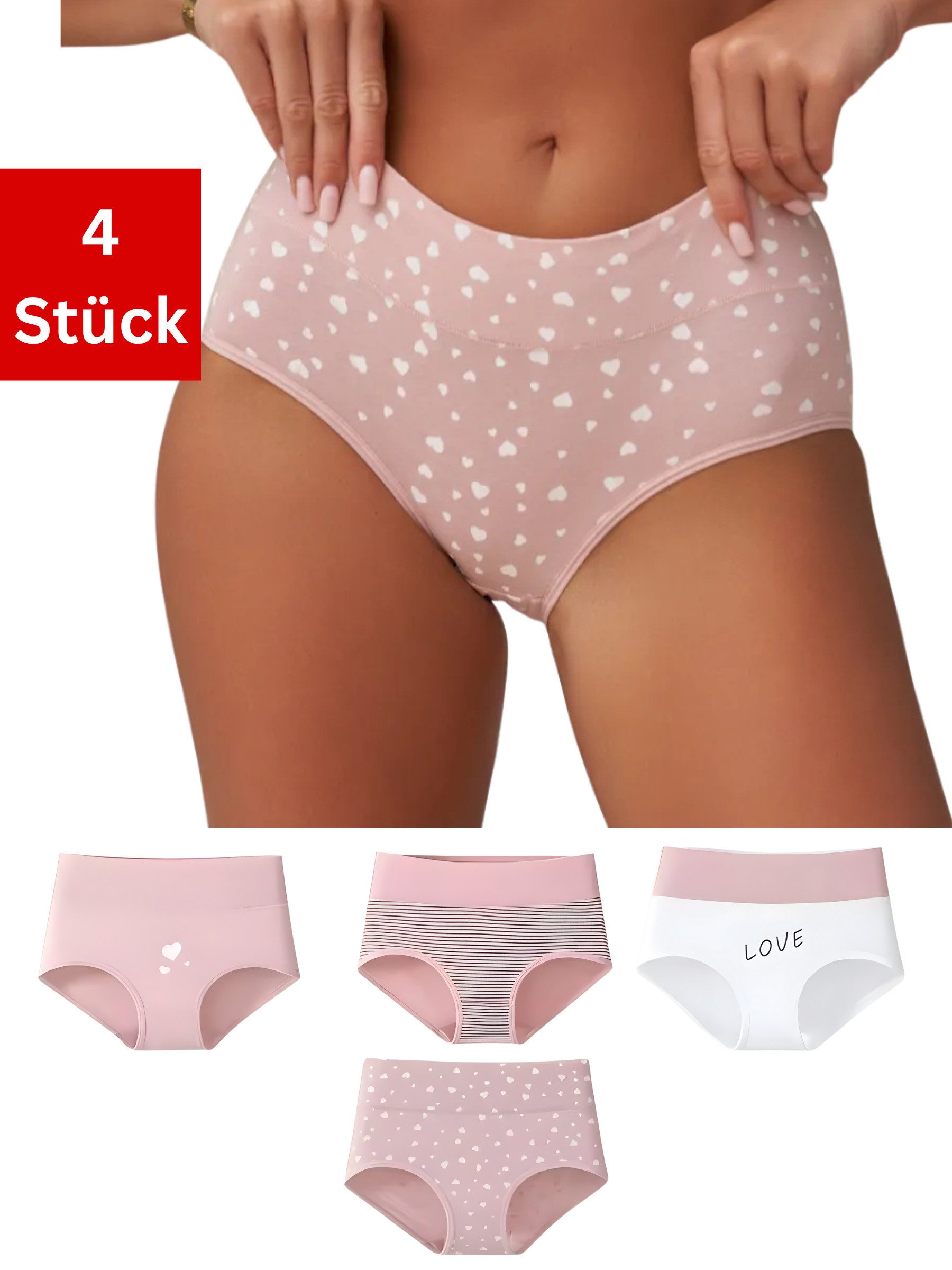 Elegant Love Taillenslip Damen Unterwäsche – Komfort-Slips (4-St., 4er-Pack) Bequem und Angenehmes Tragegefühl & Passform, Atmungsaktiv & Weich