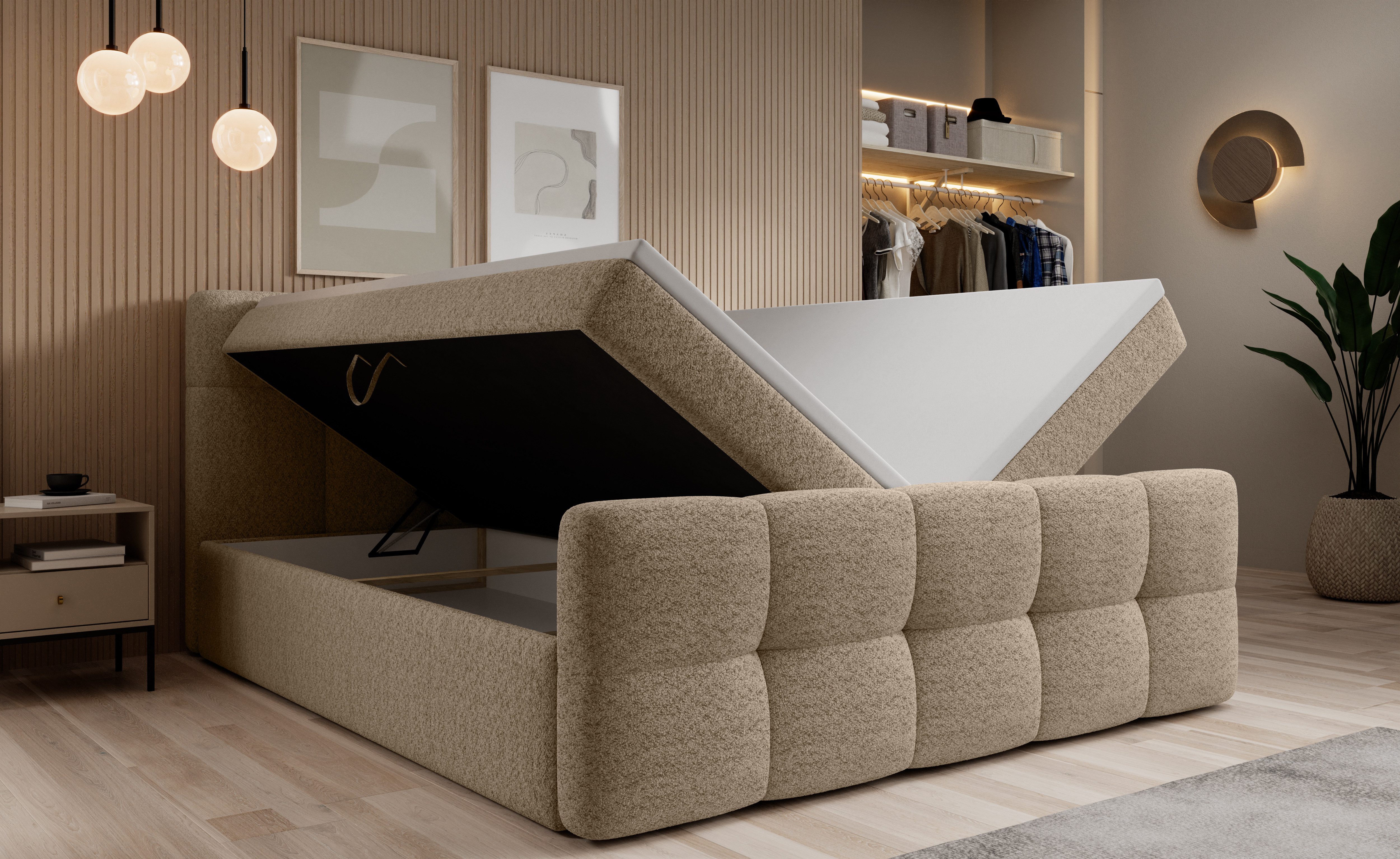 thematys Boxspringbett mit Bettkasten 140x200–200x200 cm – Velours oder Bouclé Bezug – (Polsterbett Bonnellfederkern Matratze H3 + Gratis 3cm Topper, Boxbett - Luxus Doppelbett mit Stauraum)