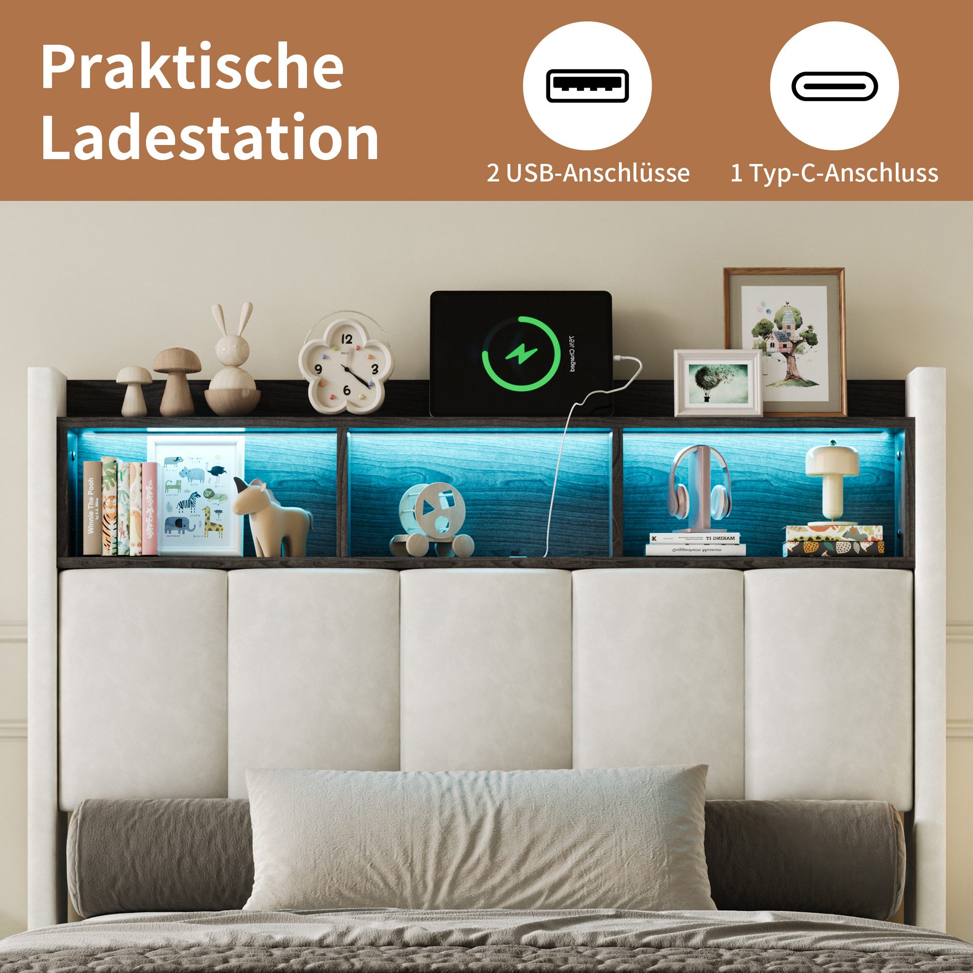 Furnishings Home Polsterbett 90x200 cm, LED Stauraumbett Jugendbett (1-tlg., Samtmaterial, Komforthöhe, Leises Design Bett), Mit Ladefunktion und Bettkasten LED – Bild 5 von 5