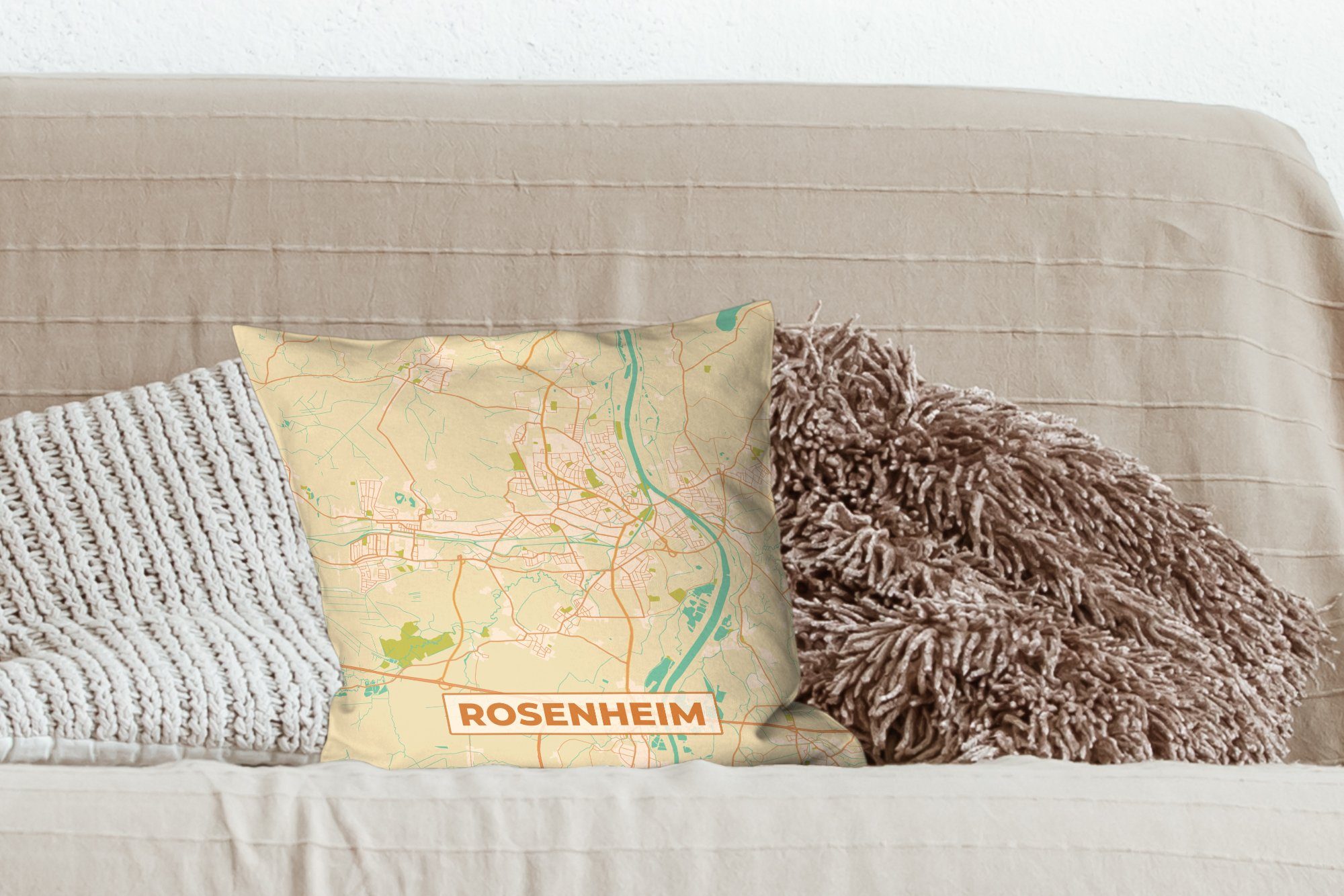 Schlafzimmer, Wohzimmer, - Sofakissen Zierkissen Füllung Rosenheim Stadtplan, - Vintage Dekokissen Deko, MuchoWow - mit für Karte
