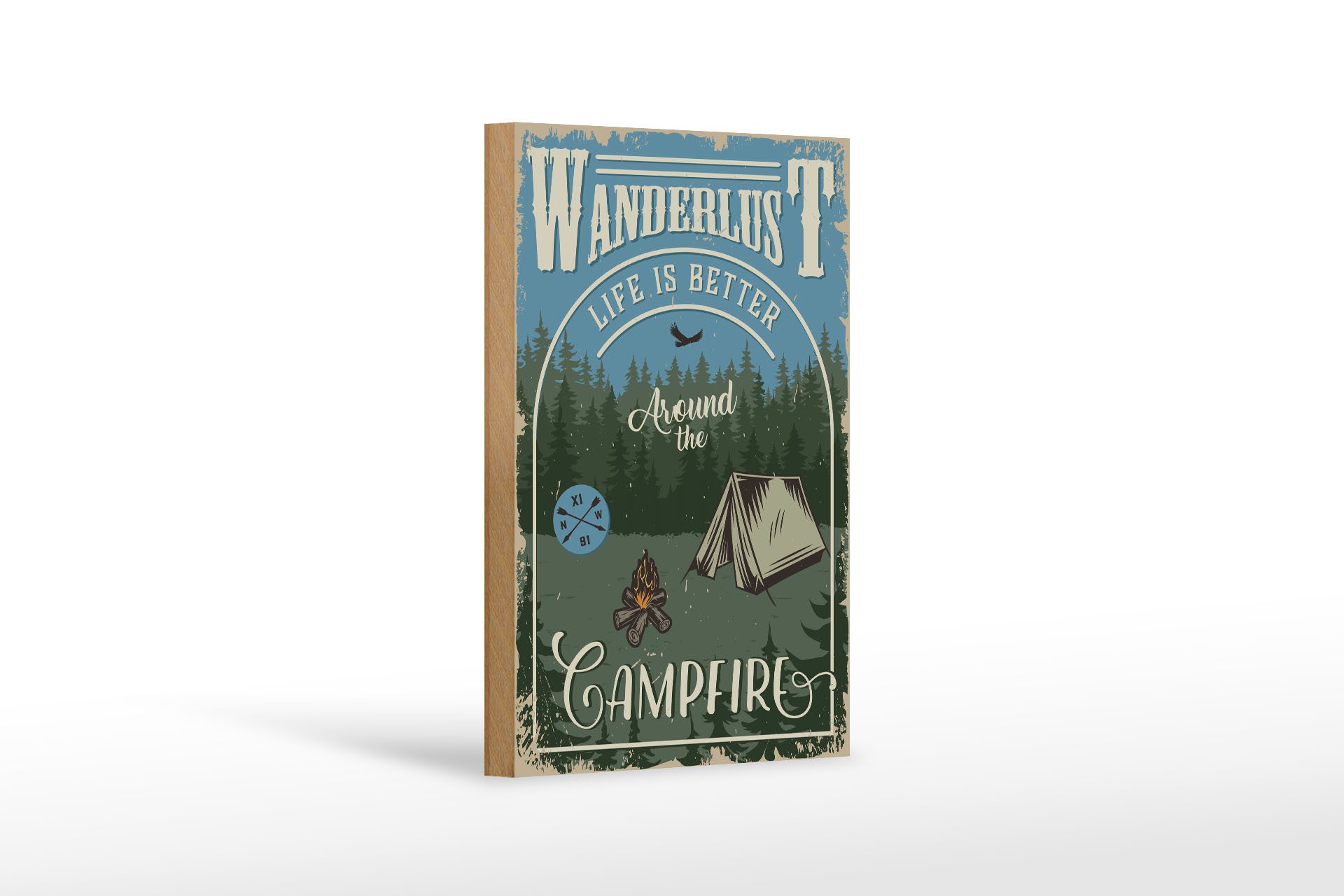 Holzbild Retro 12x18 cm Wanderlus camping