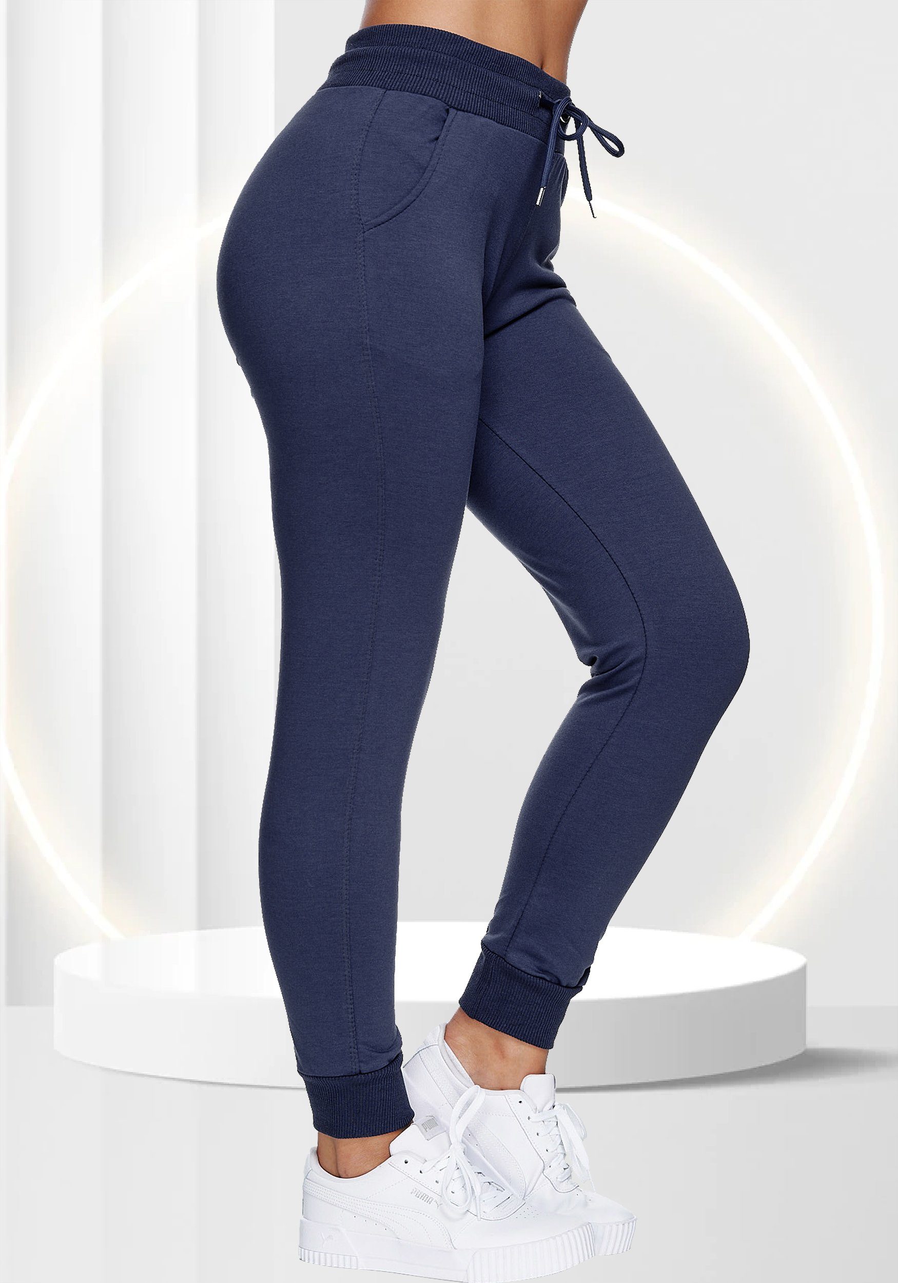 Jogginghose Damen Sweathose Lycra (1-tlg) & Baumwolle, Fit, Navy Slim Solo Smith