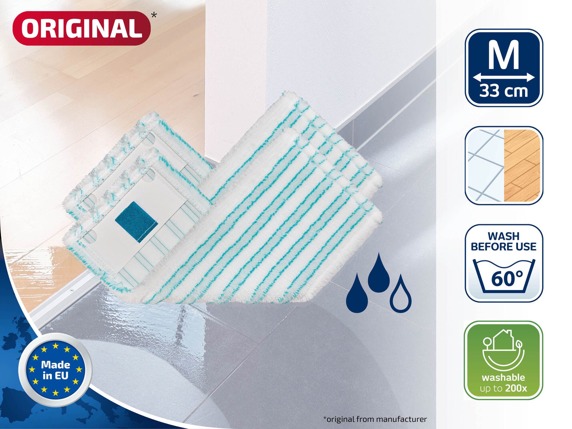 Leifheit 2er Set Wischbezug CLEAN TWIST M Ergo / POWER CLEAN M micro duo Wischbezug (Mikrofaser, 15.0x37.0 cm, 2-tlg., Waschbar bei 60°C, Wischbreite 33cm, für alle Böden)