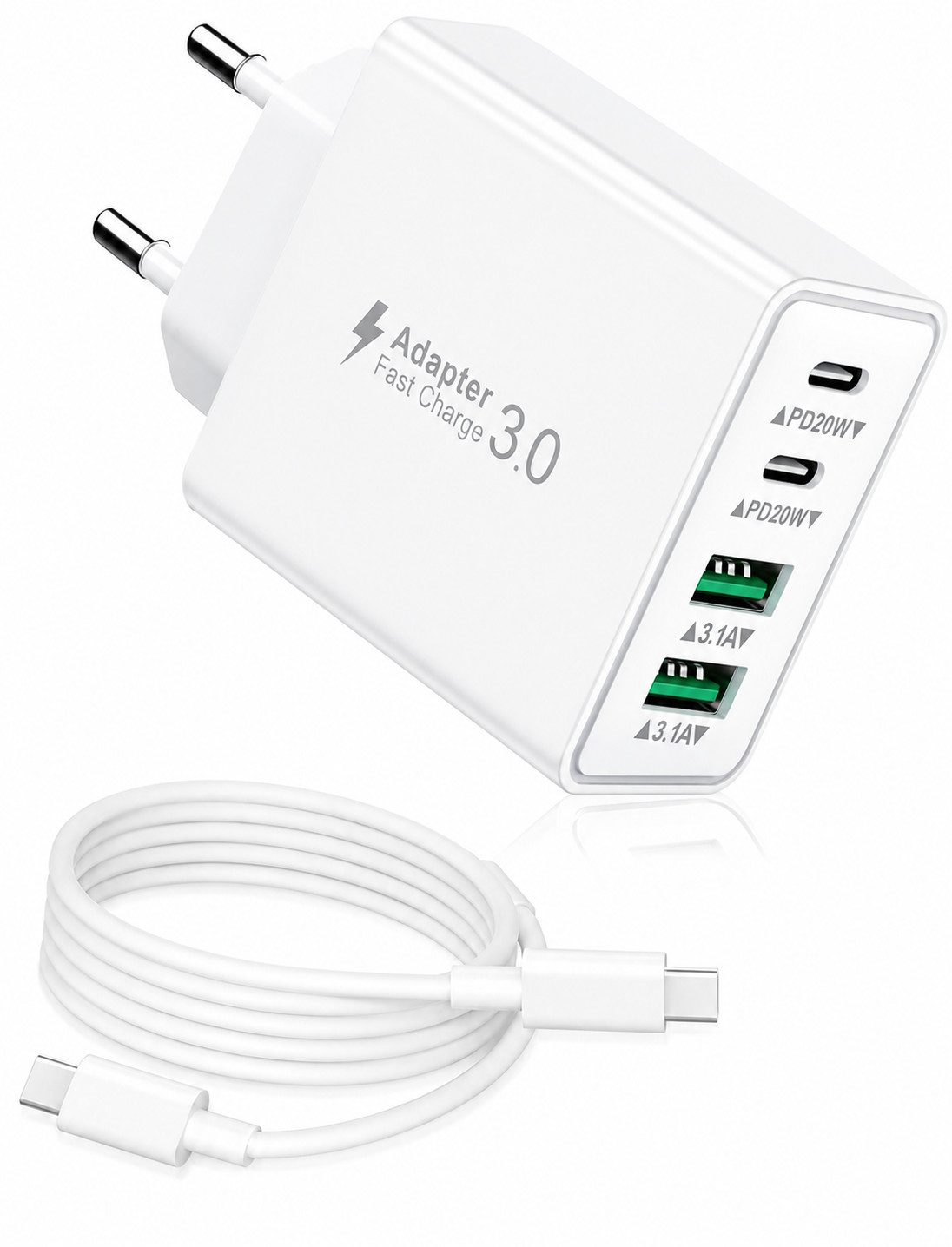 ibettertec USB C Ladegerät 40W Schnellladegerät mit 1,5 m TPE Datenkabel, Schnelllade-Gerät (Handy Ladegeräte 4 Ports, USB-C & USB-A Mehrfachstecker für Smartphone, Tablet, iPhone und Samsung)