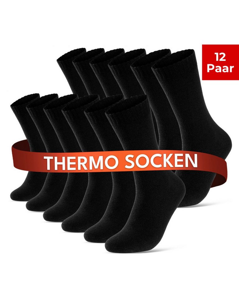 sockenkauf24 Thermosocken 6, 12, 24 Paar warme Wintersocken Damen & Herren Vollfrottee (Schwarz, 12-Paar, 43-46) aus Baumwolle mit Pique Komfortbund