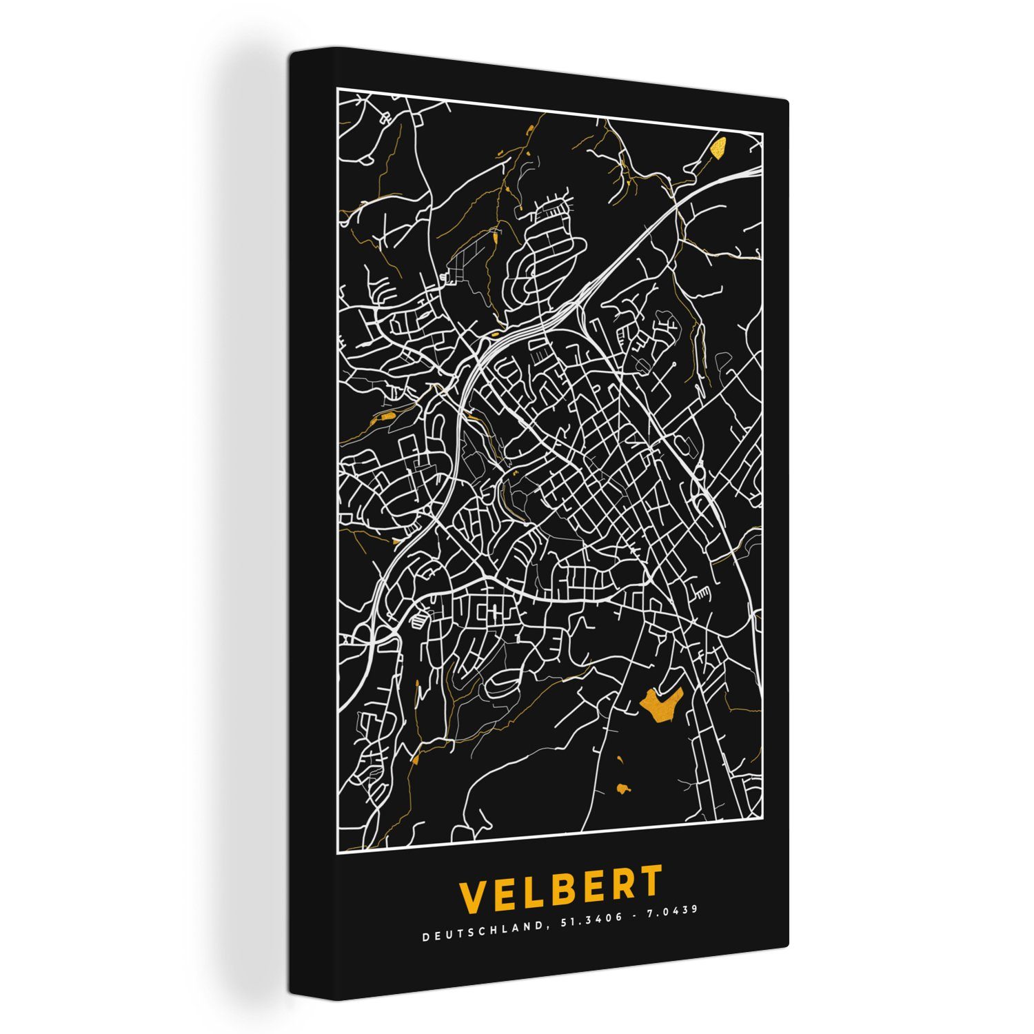 OneMillionCanvasses® Leinwandbild Karte - Velbert - Gold - Stadtplan - Deutschland, (1 St), Leinwandbild fertig bespannt inkl. Zackenaufhänger, Gemälde, 20x30 cm