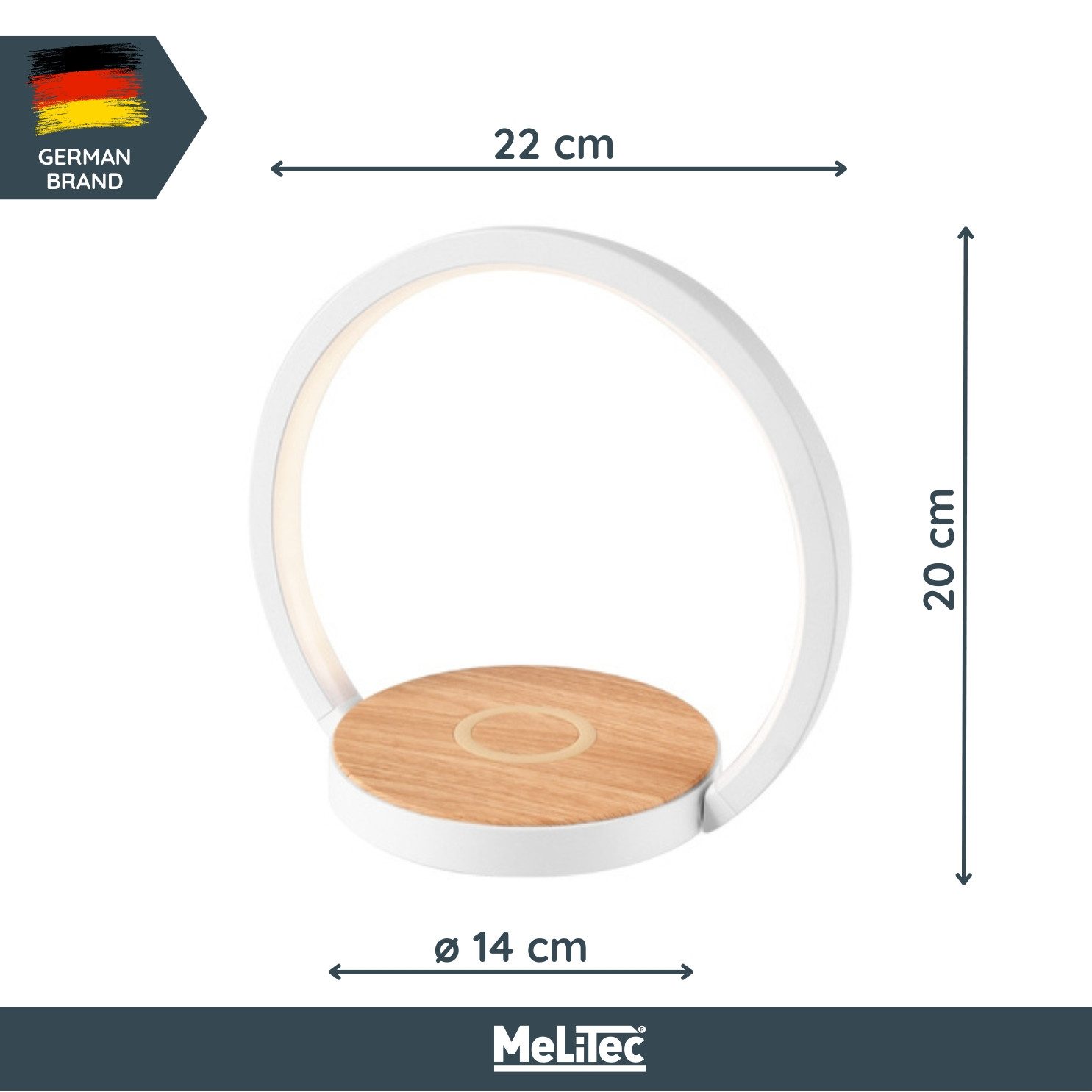 MeLiTec LED Tischleuchte LightBase QI, warmweiß, induktives Laden, Nachttischlampe modern, warmweiß, Ring, weiß/Holz