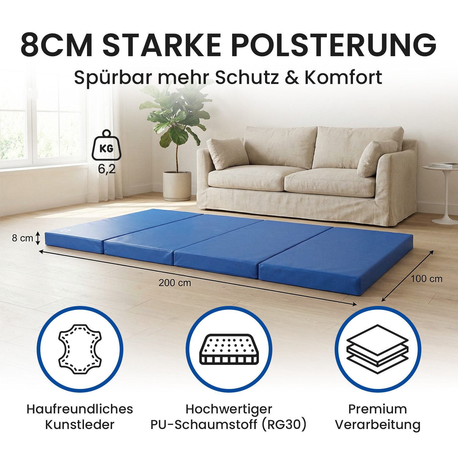 Jeflex Weichbodenmatte Jeflex Turnmatte klappbar 200 x 100 x 8 cm Weichbodenmatte Sportmatte, 200cm x 100cm x 8cm, Made in Germany