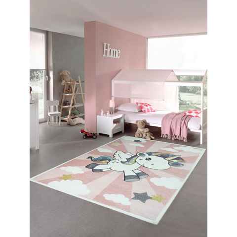 Kinderteppich Kinderteppich Spielteppich Babyteppich mit Einhorn Regenbogen in Rosa Creme, Teppich-Traum, rechteckig, Höhe: 13 mm