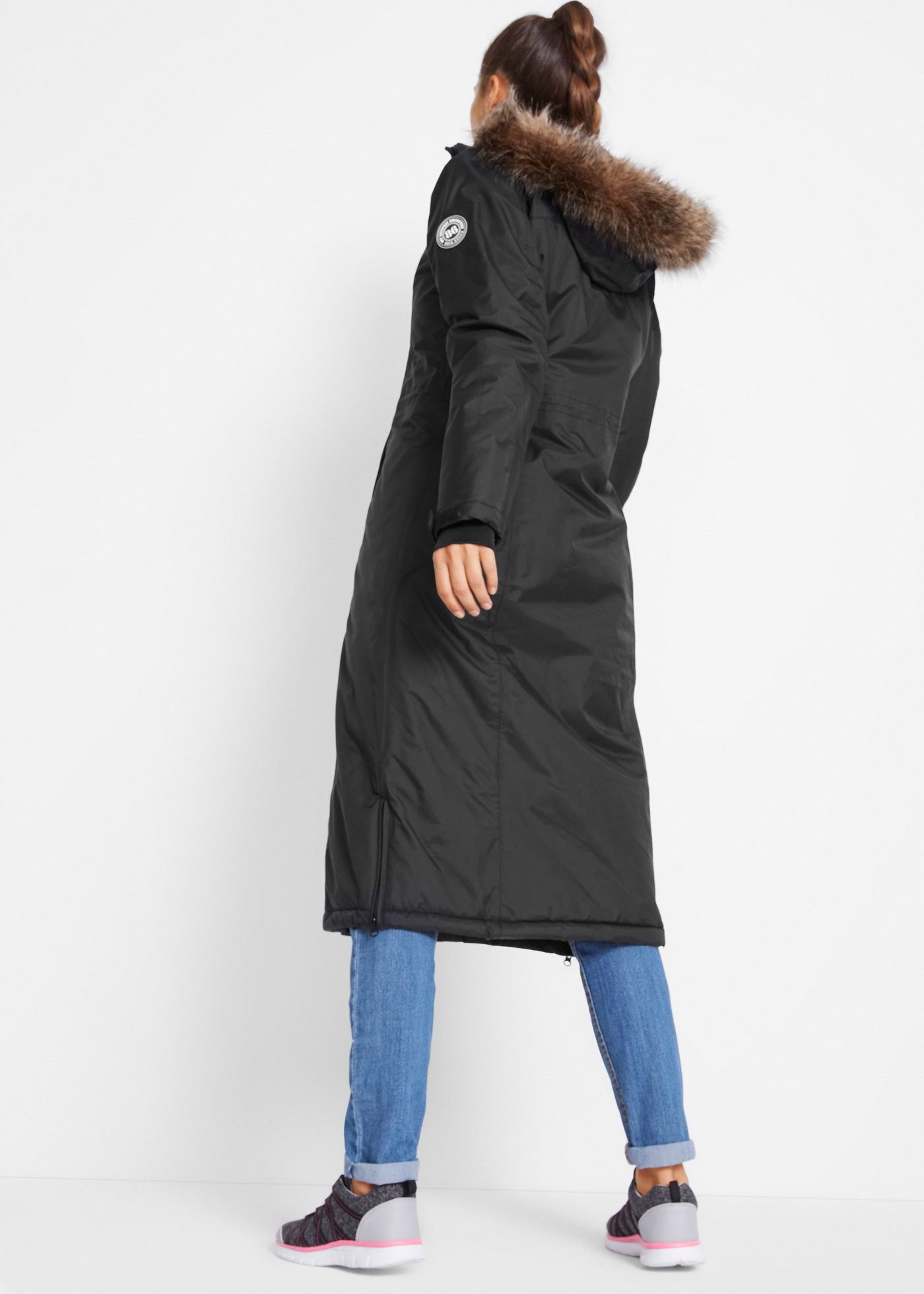 bonprix Wintermantel mit abnehmbarer Kapuze + Fellimitat, Daumenlöcher, Handy-Innentasche