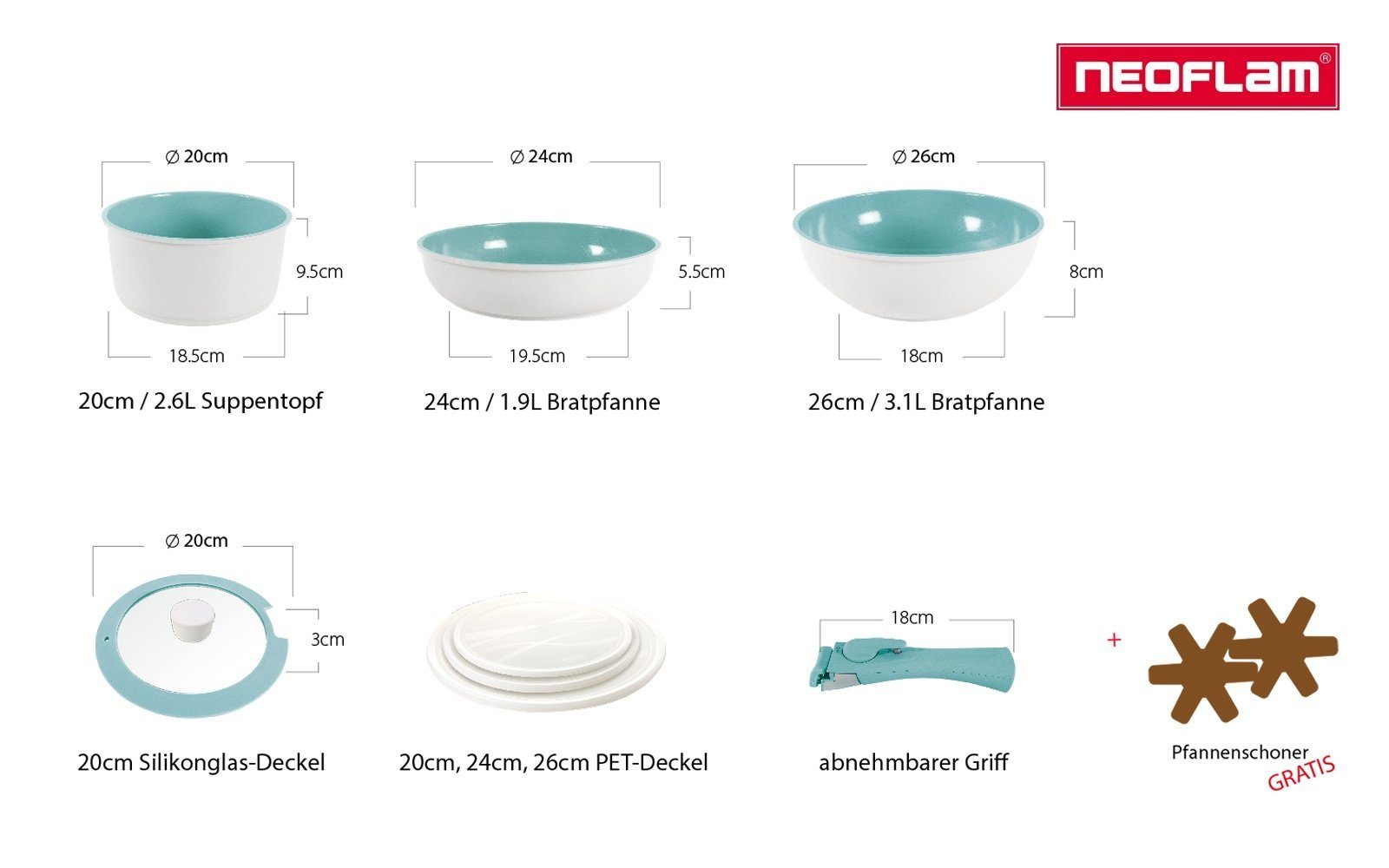 NEOFLAM® Pfannen-Set MIDAS Plus (8-tlg) - Universalgriff abnehmbarer Eisblau