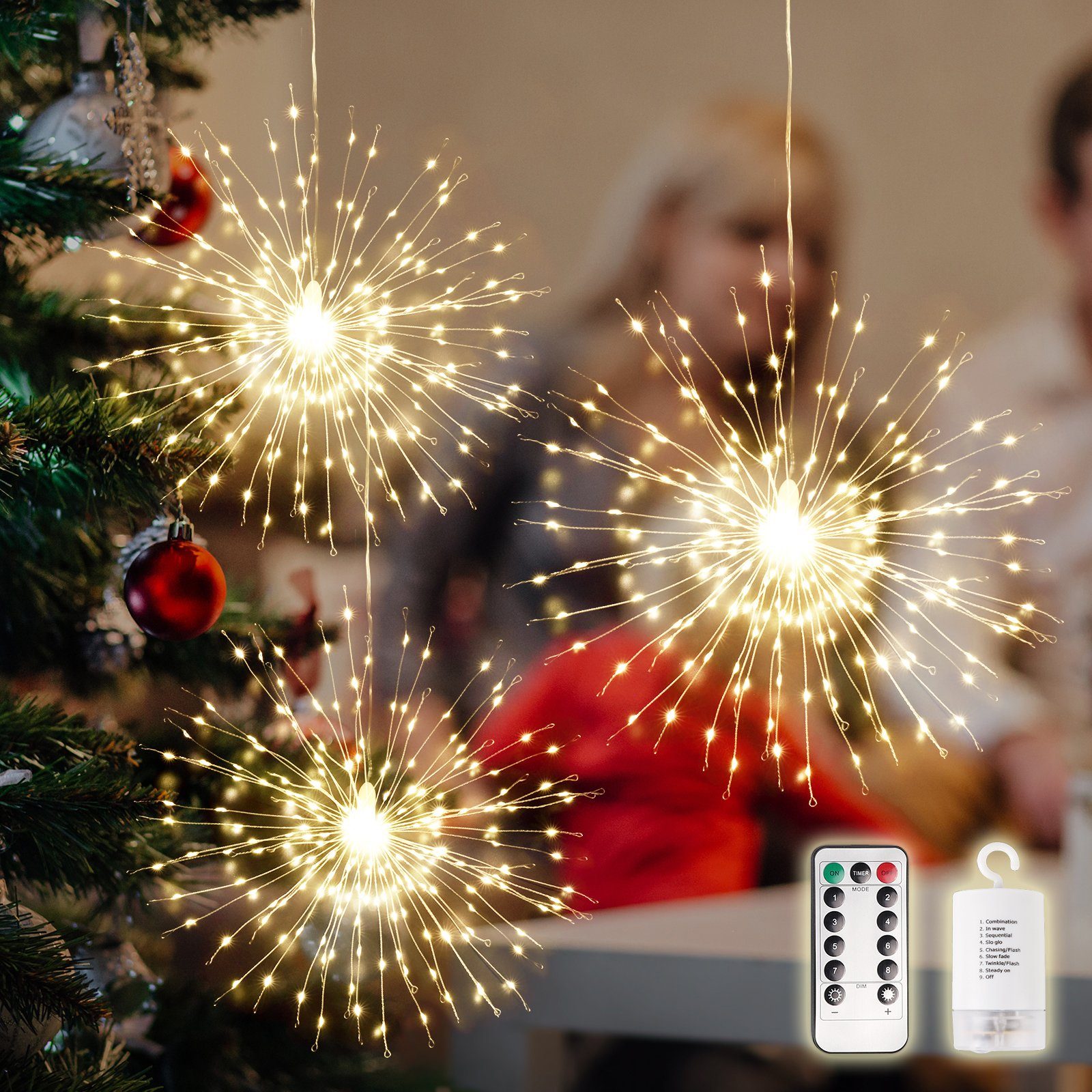 Salcar LED-Lichterkette »3St. Feuerwerk Lichterkette Eiszapfen  Weihnachtsdeko Beleuchtung Außen«, 3 Stück, 8-Modus, Timer-Funktion,  Warmweiß