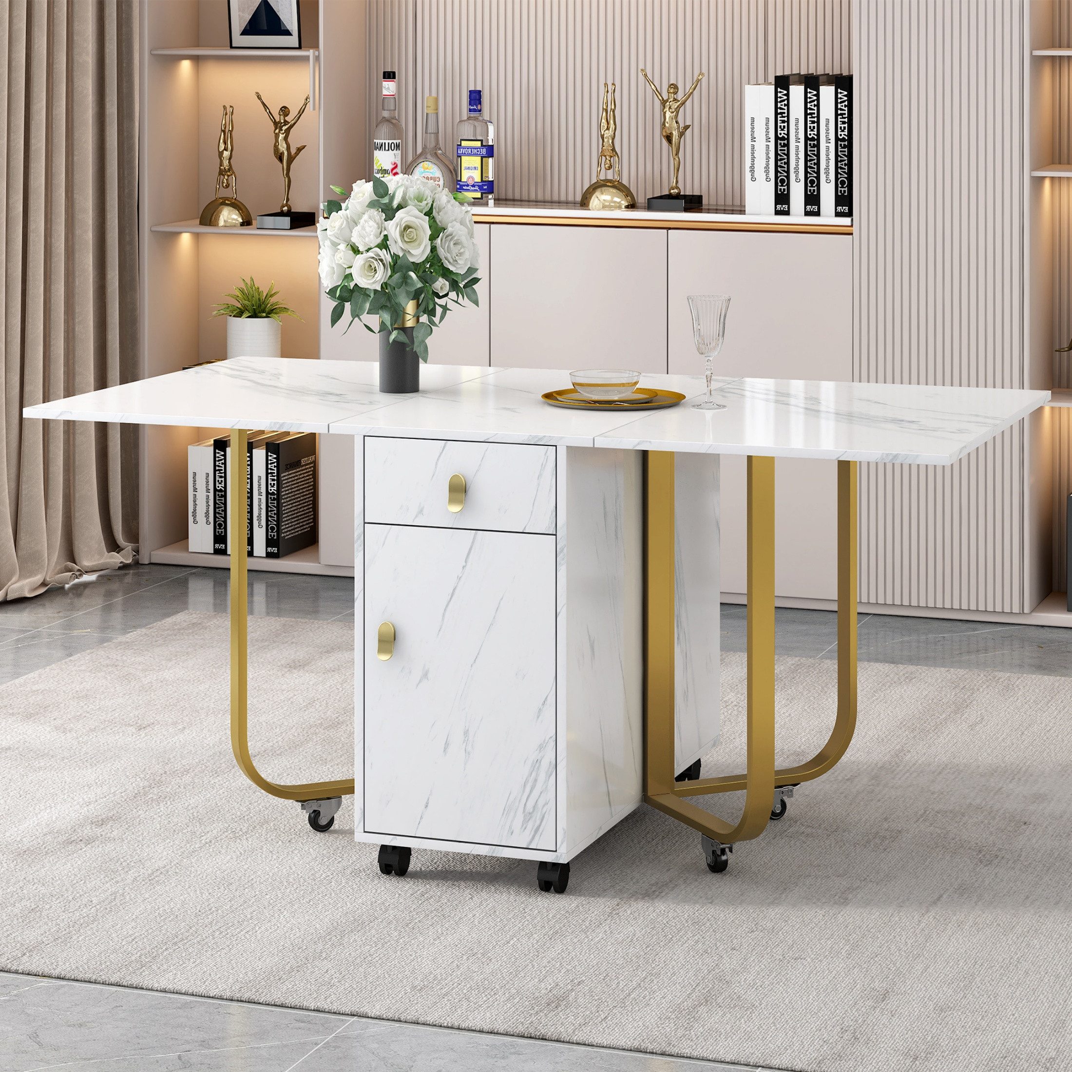 autolock Esstisch Klapptisch Küchentisch mit Aufschrank, 2-Schubladen, Riemenscheibe (100×80×76 cm), Platzsparender Klappbarer vielseitiger Tisch für kleine Wohnungen
