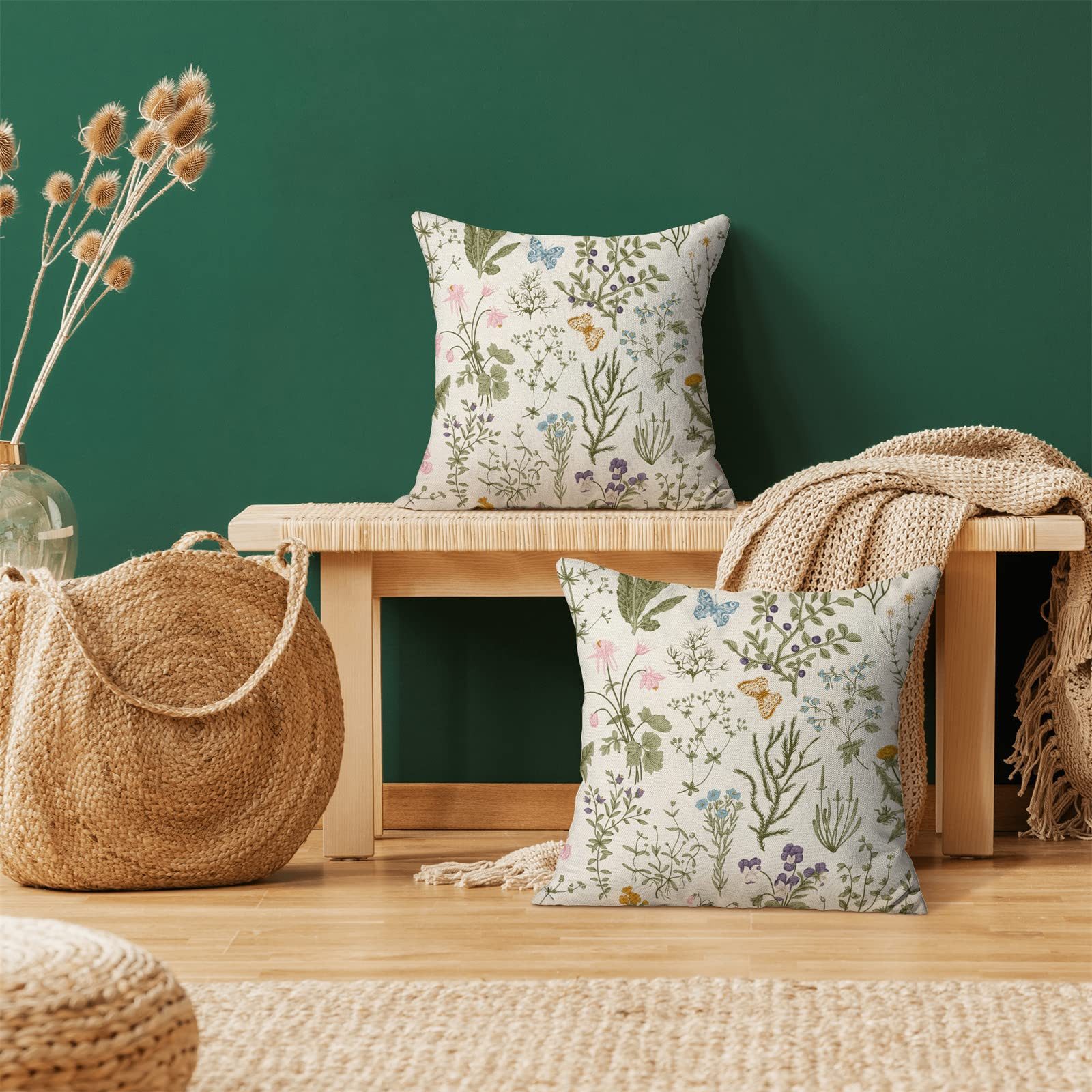 Diwzbyn Kissenbezug Dekorative Kissenhüllen 45 x 45 cm, Salbeigrün mit rosa Wildblumen, (2 Stück), dekorative Kissen für Sofa, Couch, Stuhl oder Bett, Leinen Sofakissen