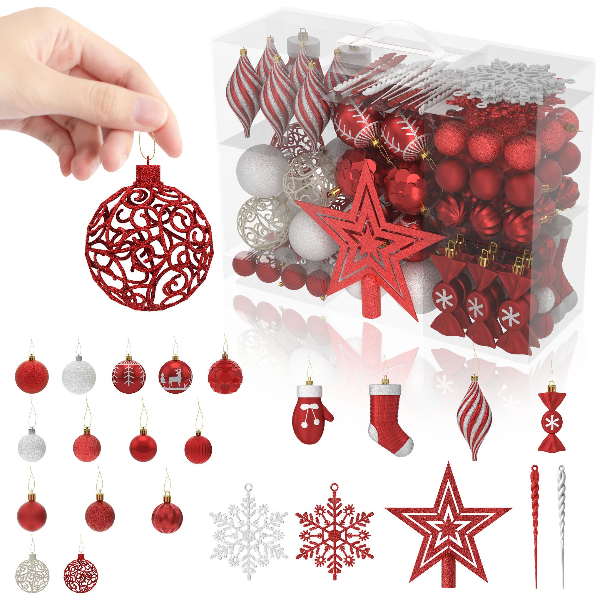 FIVMEN Weihnachtsbaumkugel Weihnachtskugeln Kunststoff 138 Stück mit Stern Spitze, Mehrere Farboptionen Christbaumschmuck