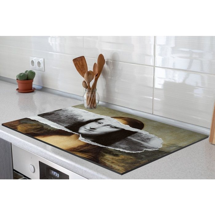 MuchoWow Herdblende-/Abdeckplatte Mona Lisa - Schwarz und weiß - Da Vinci Vinyl (1 tlg) Ceranfeldabdeckung für die küche Induktionsmatte VQ12498