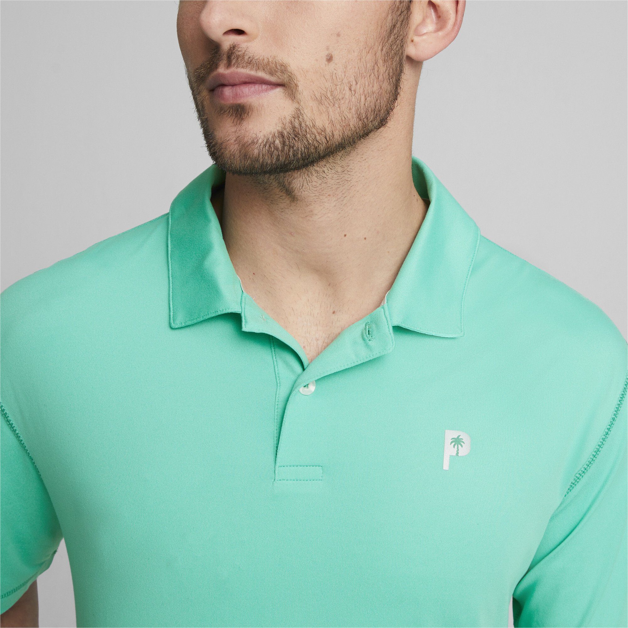 PUMA Herren CREW TREE Golf-Poloshirt Aqua Poloshirt PALM Green PUMA x