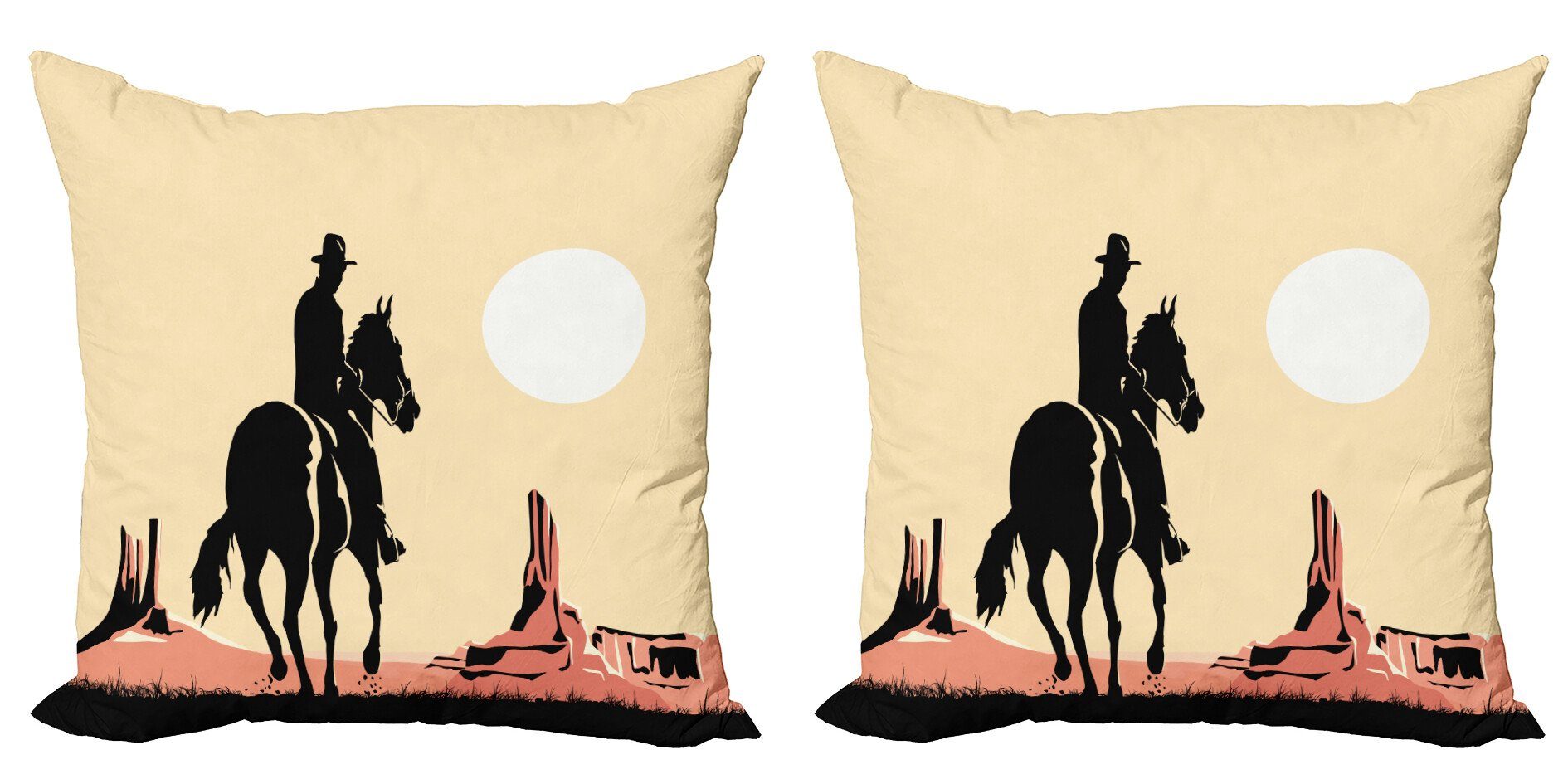 Kissenbezüge Modern Accent Doppelseitiger Digitaldruck, Abakuhaus (2 Stück), Western Cowboy-Pferd Sonnenuntergang