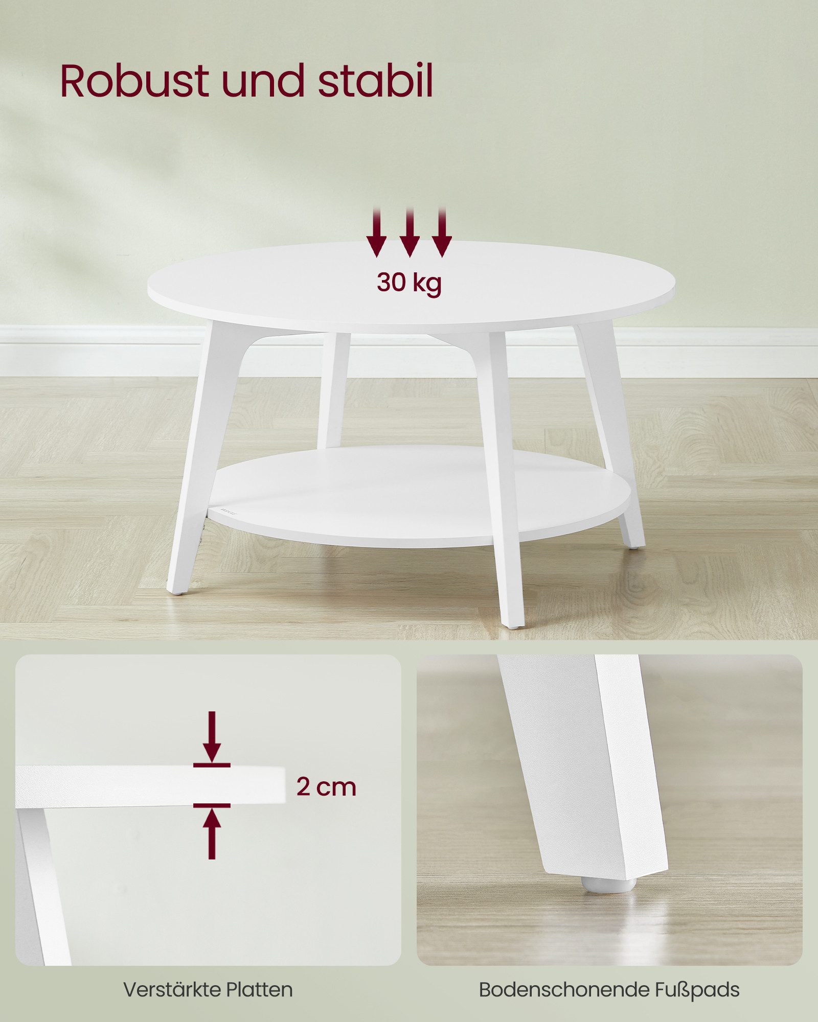 VASAGLE Couchtisch rund Wohnzimmertisch holz Beistelltisch (inkl. Zubehörpaket & Anleitung), 2 Ebenen, Ø 80 cm, modern, skandinavisch, einfache Montage – Bild 4 von 5