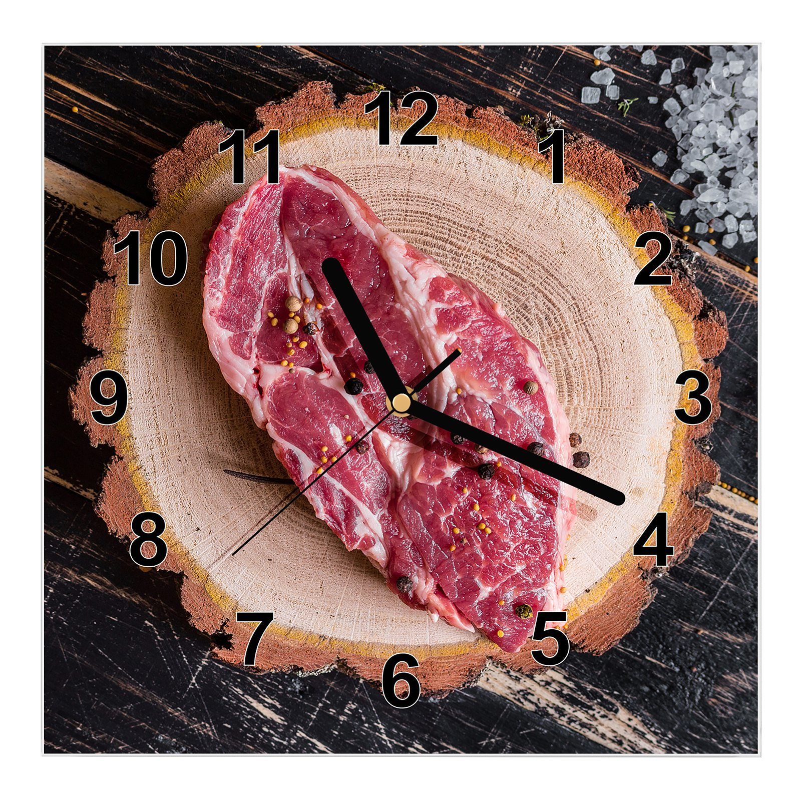 Primedeco Wanduhr Glasuhr Wanduhr Wandkunst Größe 30 x 30 cm mit Motiv Steak roh auf Holzplatte