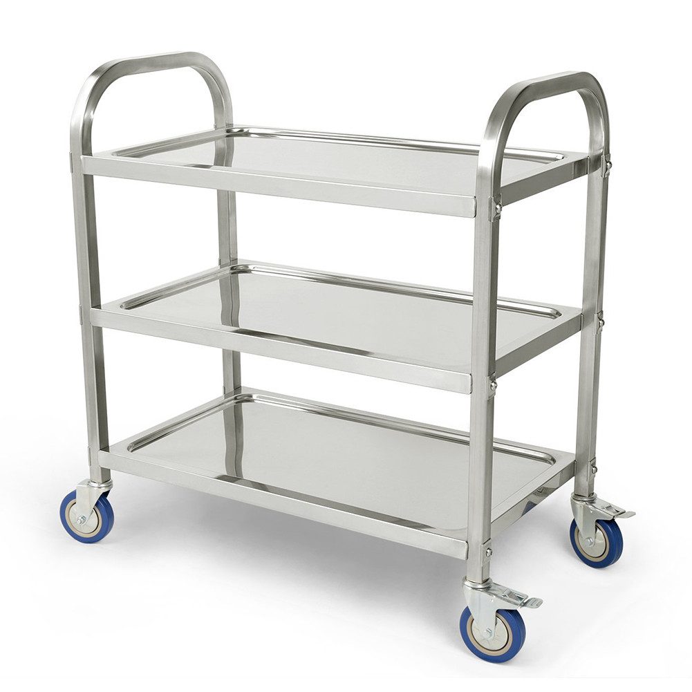 JEOBEST Küchenwagen Catering Servierwagen 3 Böden Edelstahlwagen mit Bremse Rädern, (Rollwagen, Rammschutz, vibrationsarme Schwenkrollen) Edelstahl