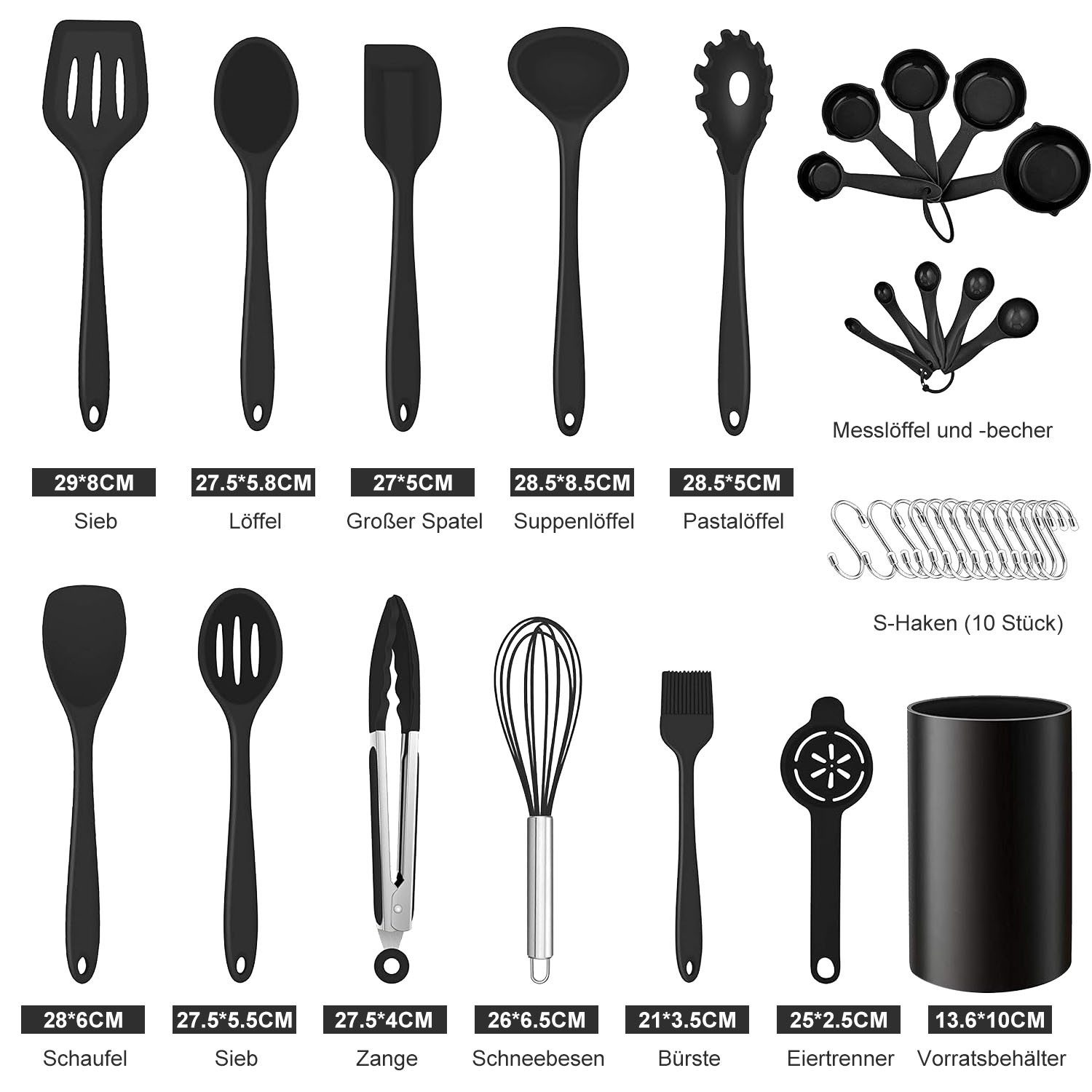 HEYHIPPO Küchenorganizer-Set Silikon Küchenutensilien Set 32-tlg.hitzebeständig & spülmaschinenfest, (Inklusive Löffel, Spatel, Siebe, Schneebesen usw, Küchenspatel Löffel Suppenlöffel Set,kratzfest und antihaftbeschichtet), Silikon Küchenhelfer, schützt Pfannen, langlebig & leicht zu reinigen