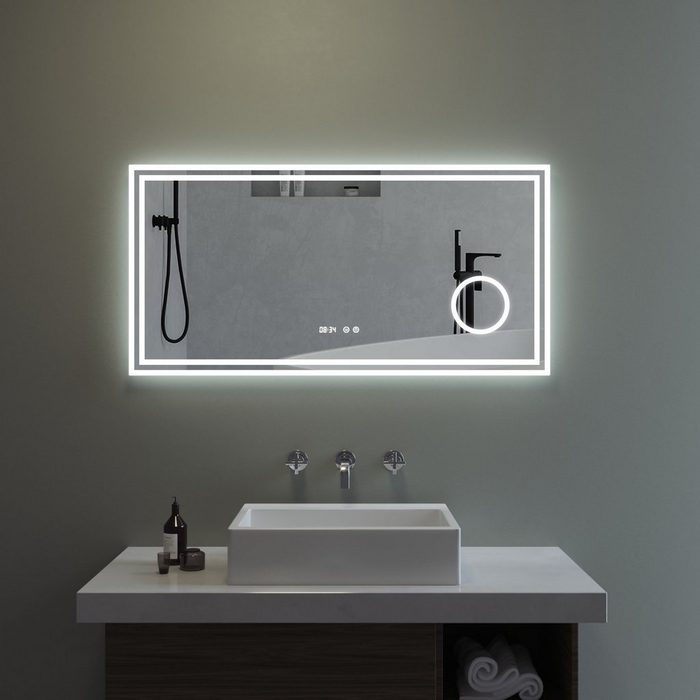 aqua batos Badspiegel Badspiegel mit Beleuchtung LED Wandspiegel Lichtspiegel Badezimmerspiegel beleuchtet 120x60cm Kosmetikspiegel Digital Uhr Touch Sensor Dimmbar Spiegelheizung Kaltweiß 6400K
