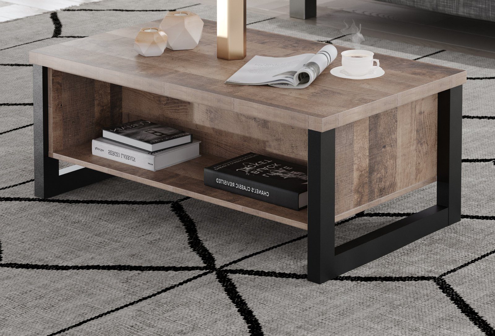 trendteam Couchtisch Emile (Tisch in Eiche Tabak und schwarz, 110 x 65 cm), mit Stauraum